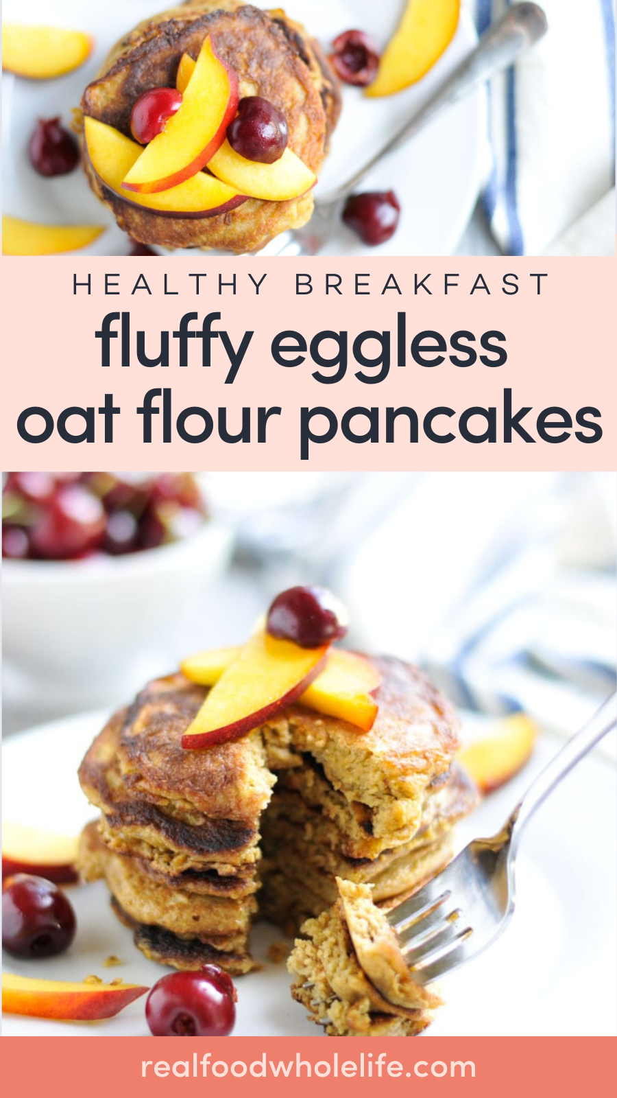 A stack of pancakes topped with cherries and nectarines.