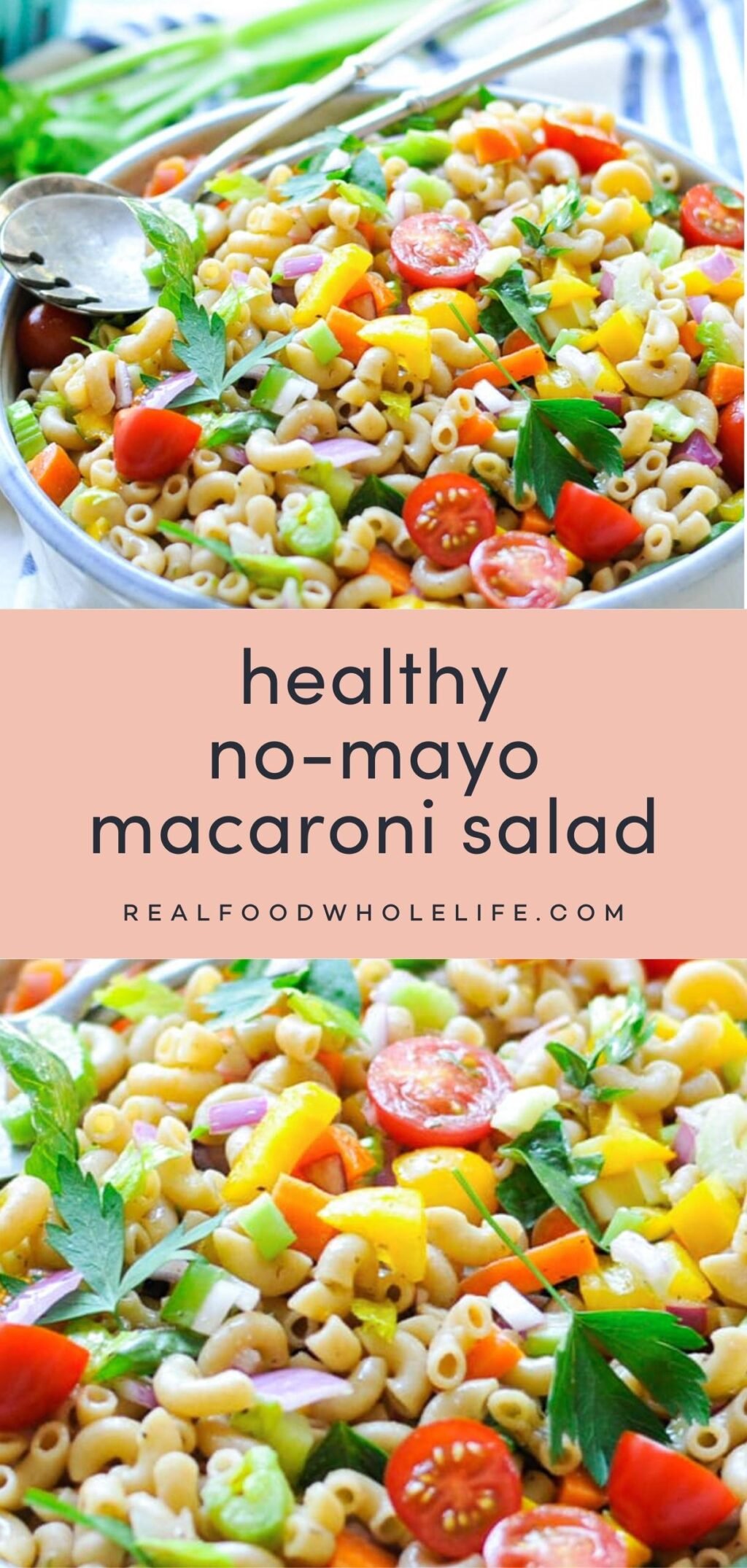 Two images of a healthy macaroni salad with a pink background and navy text.