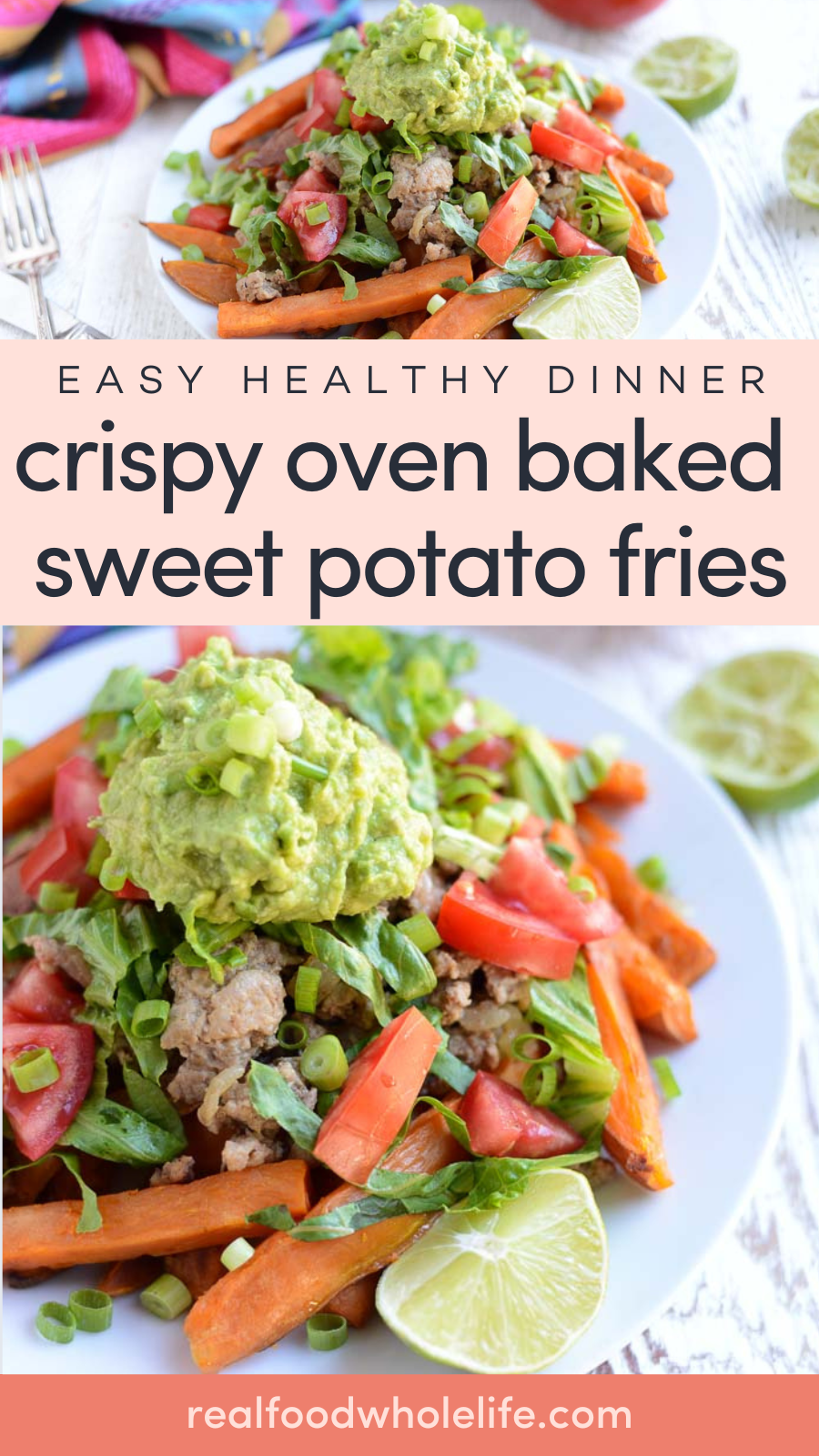 A plate of crispy oven baked sweet potato fries topped with ground meat, lettuce, tomato, guacamole, and sliced green onions.