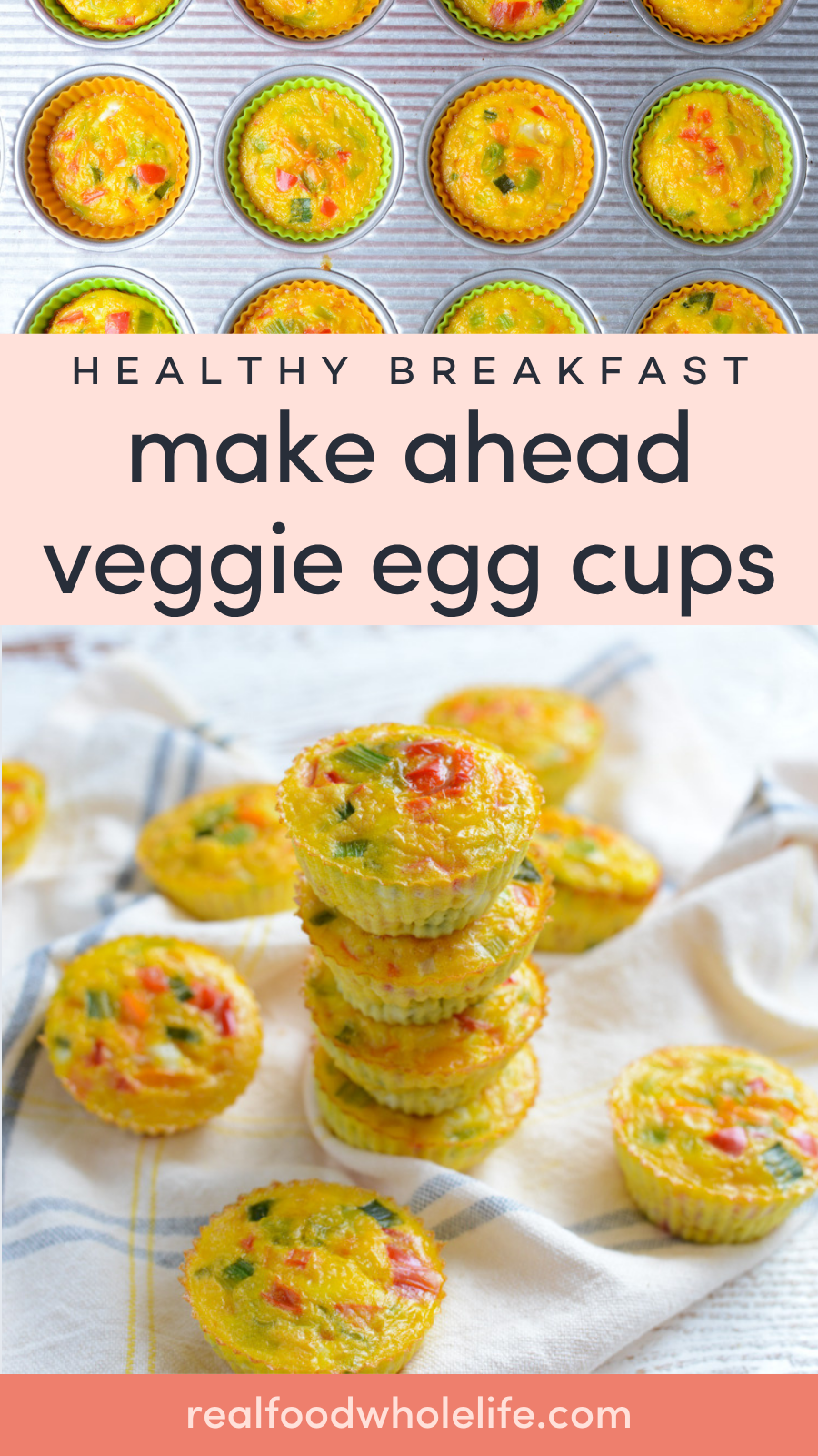 Overhead view of baked veggie egg cups arranged on a table, with some stacked and others spread out.