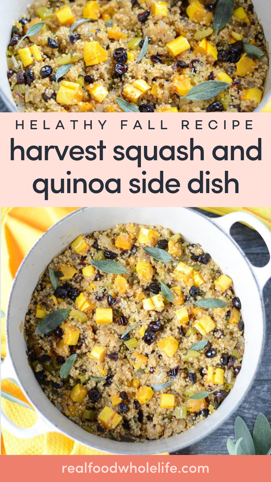 A pot filled with a quinoa, diced squash, sage leaves, and dried cranberries.