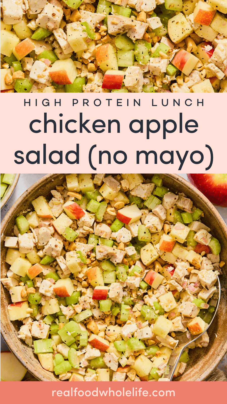 Chicken apple salad with celery and nuts in a bowl.