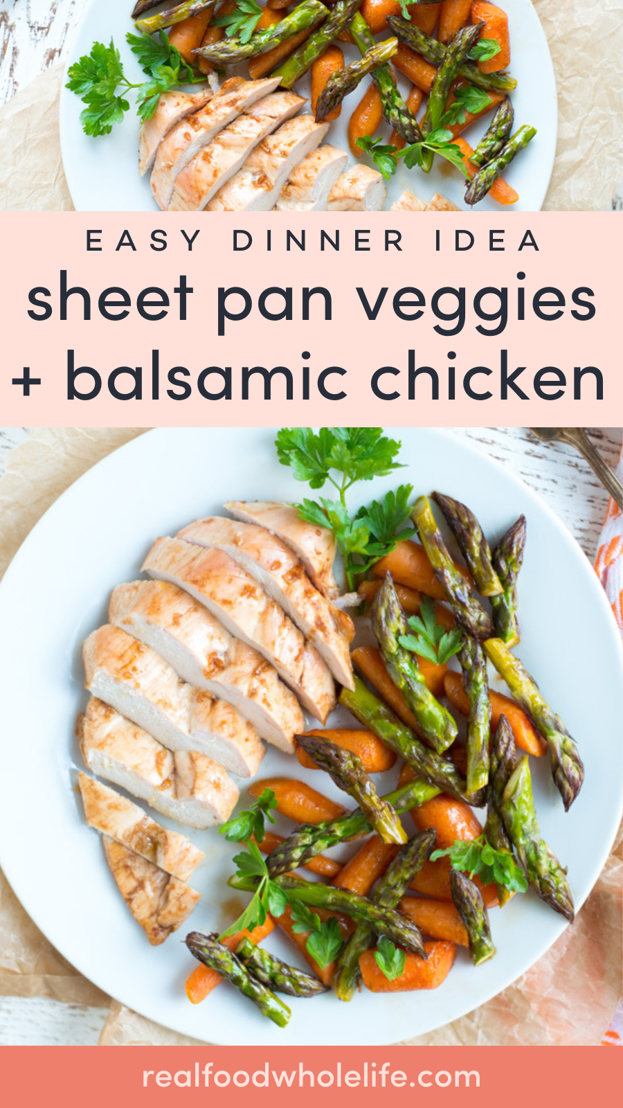 A plate with sliced balsamic chicken, roasted asparagus, and carrots, garnished with parsley.