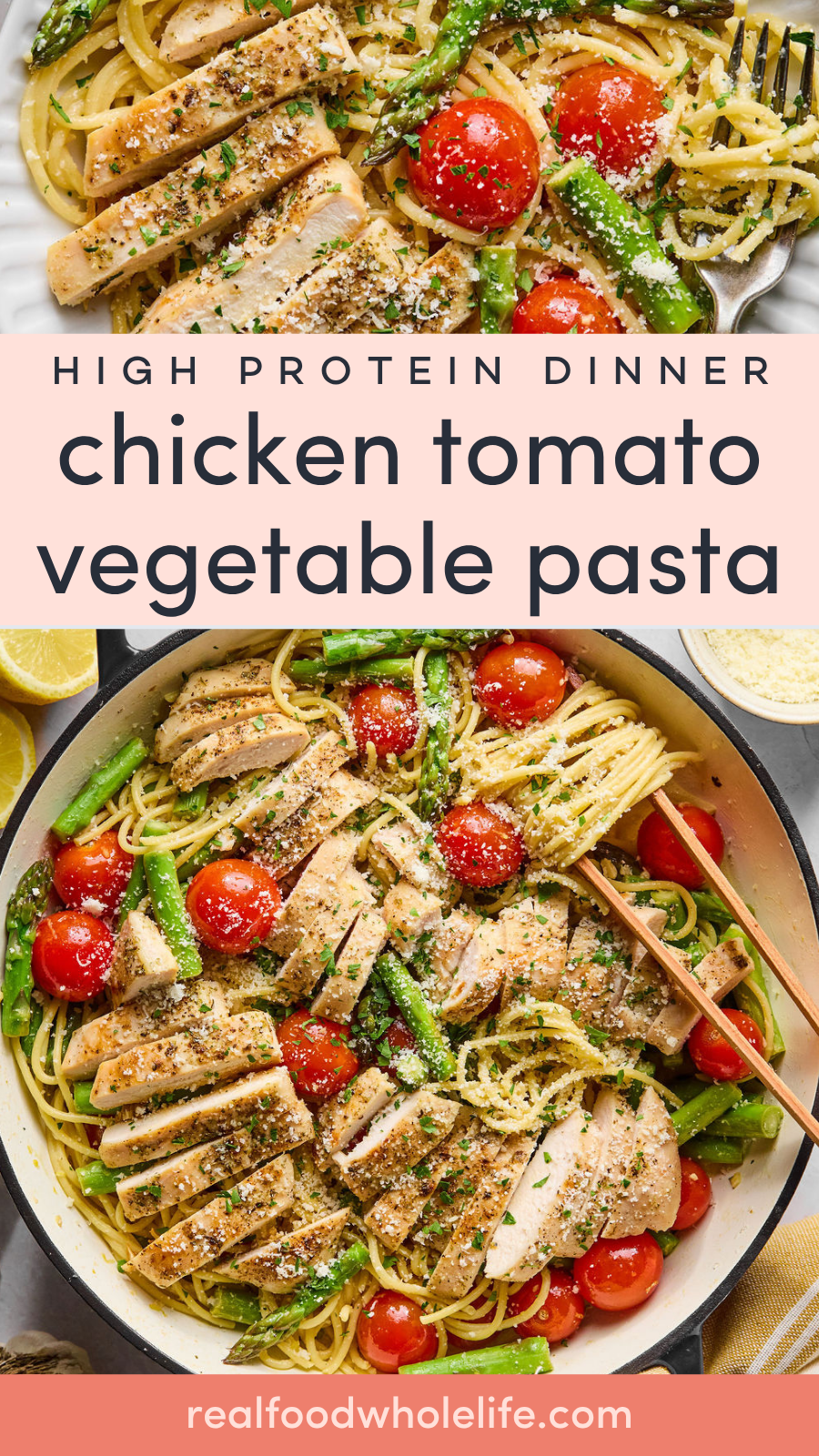 Sliced grilled chicken, cherry tomatoes, asparagus, and spaghetti pasta in a skillet, garnished with herbs and cheese.