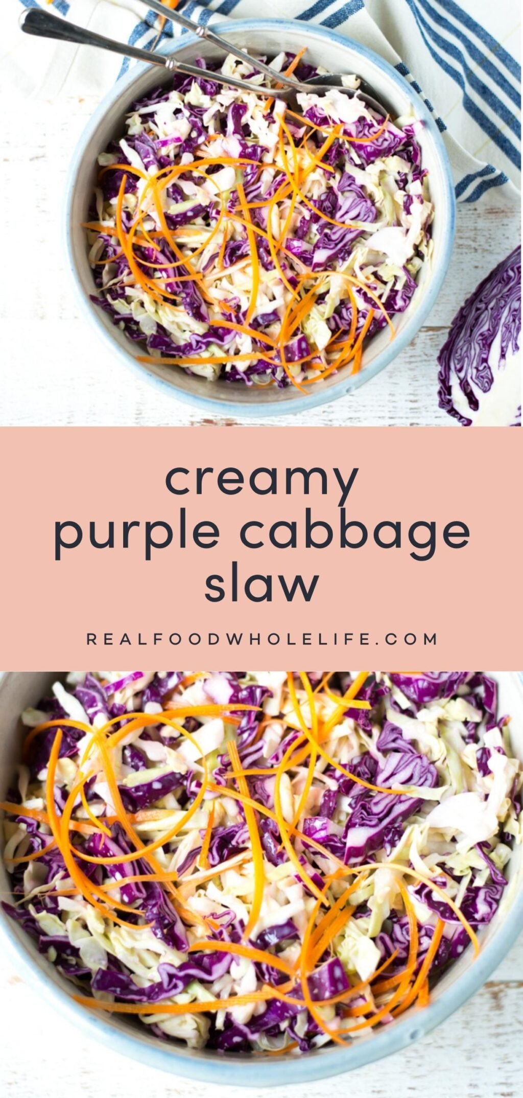 Two images of purple cabbage slaw with a pink background and navy text.