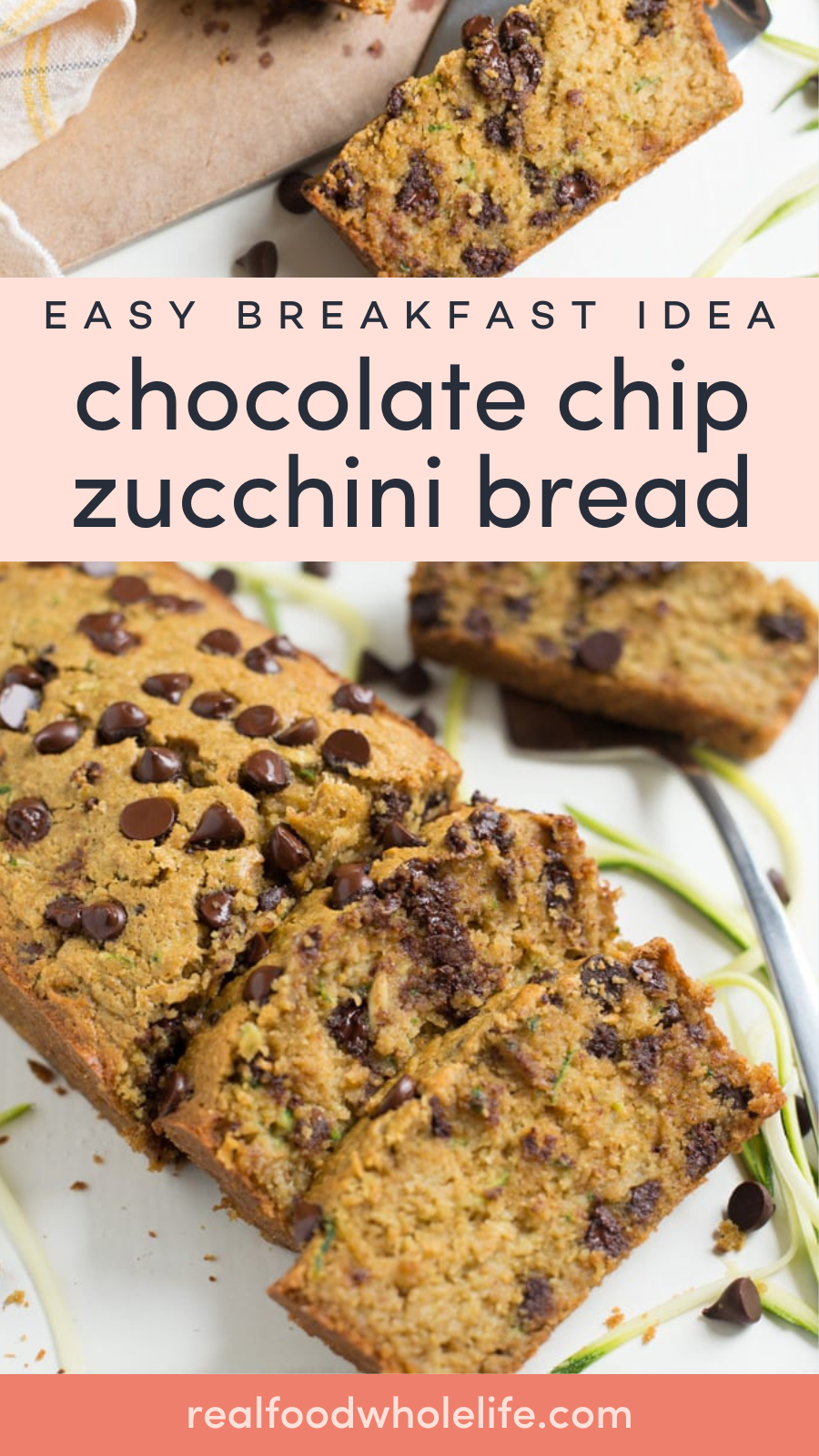 A loaf of chocolate chip zucchini bread, partially sliced, with chocolate chips on top, displayed on a light surface with scattered zucchini shreds.