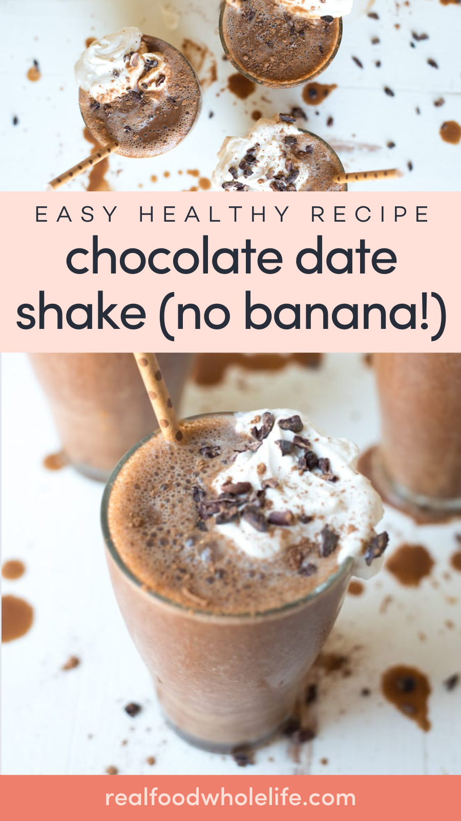 Three chocolate shakes topped with whipped cream and cacao nibs.