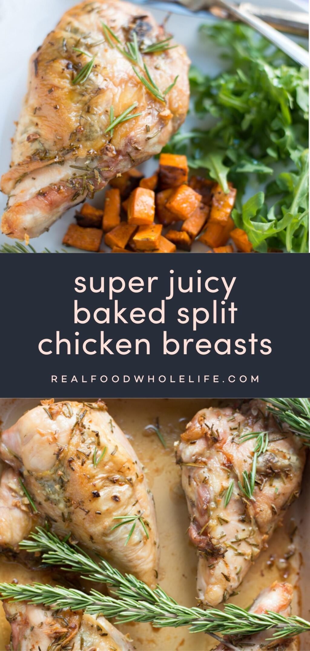 Two images of baked split chicken breasts with a navy background and light pink text.