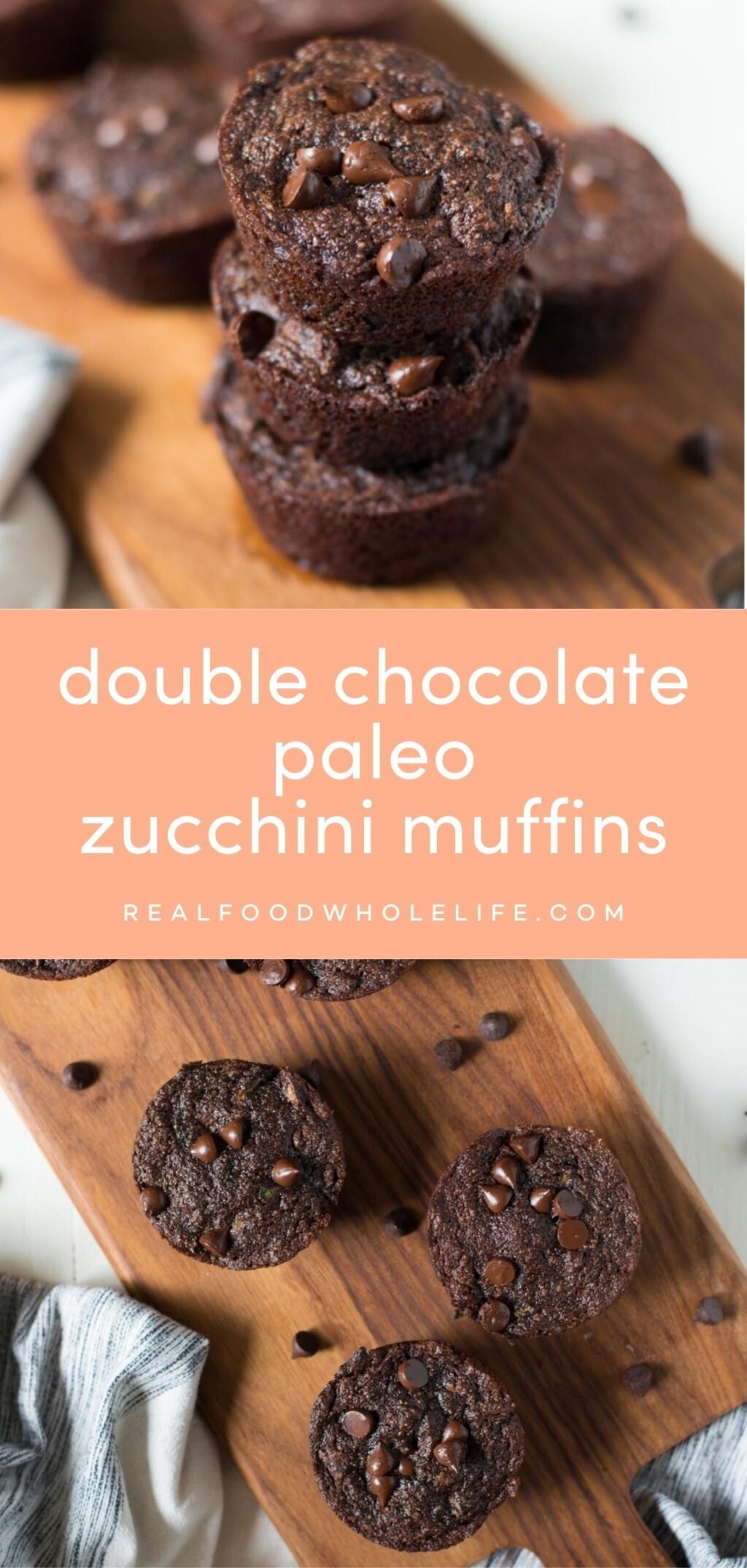 Two images of double chocolate paleo zucchini muffins with an orange background and white text.