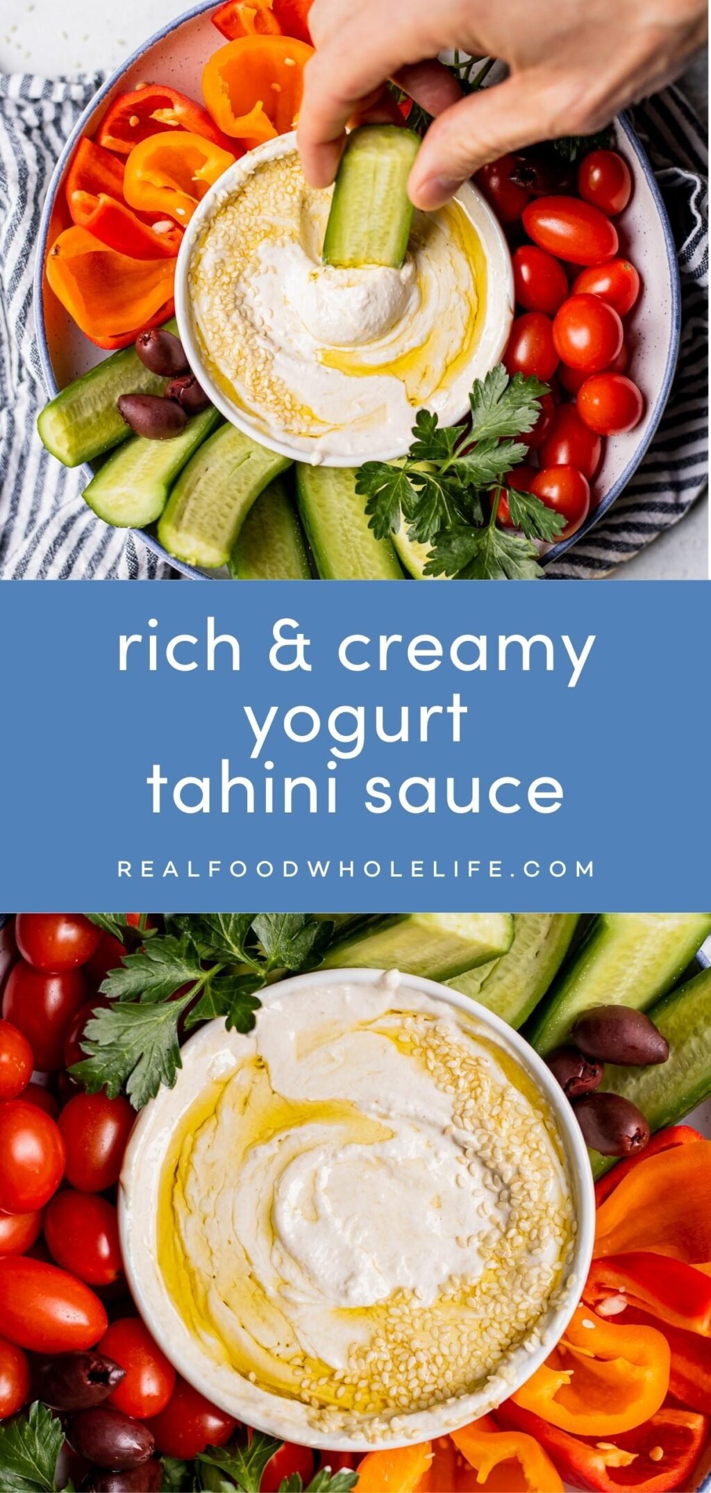 Two images of yogurt tahini sauce with a blue background and white text.