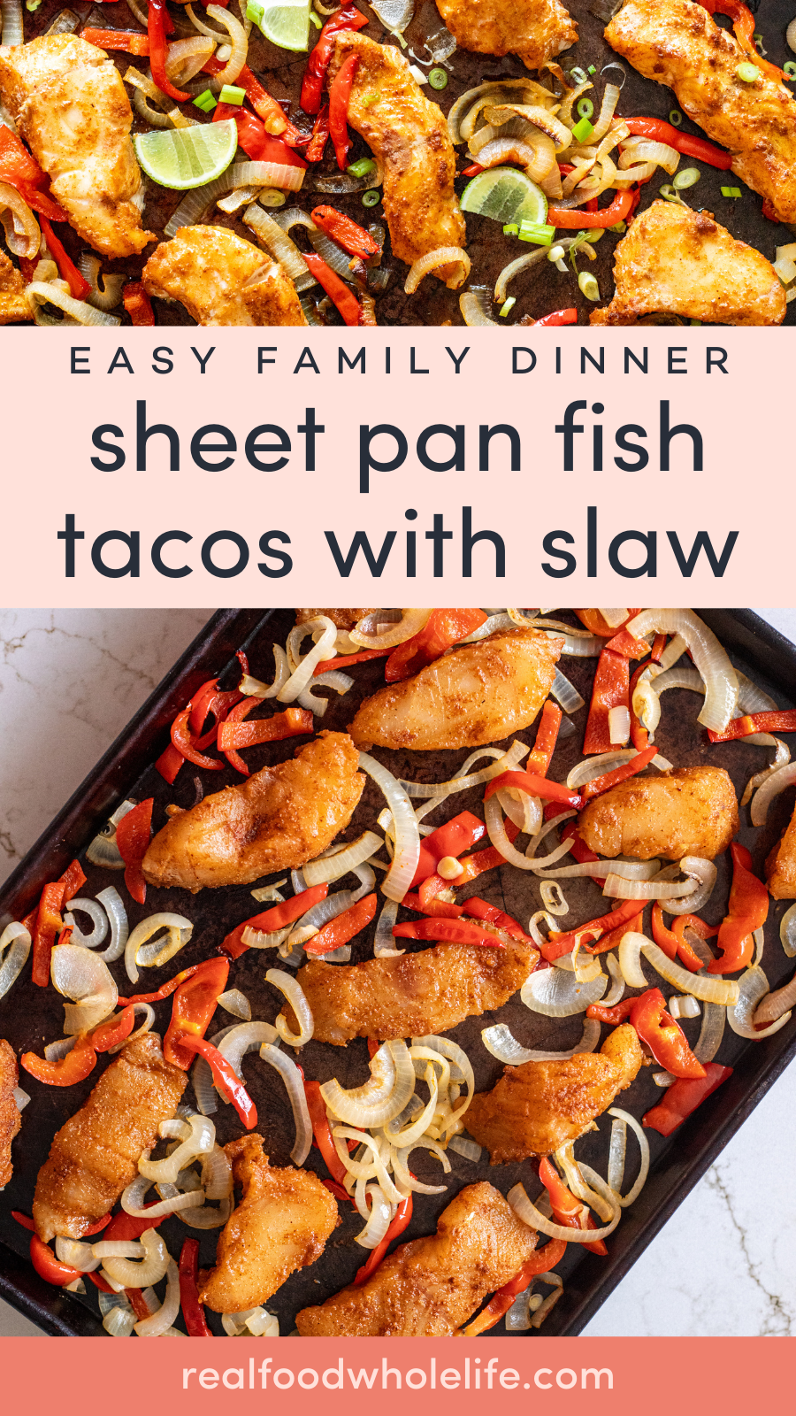 A sheet pan with baked fish fillets, sliced red bell peppers, and onions, garnished with lime wedges.