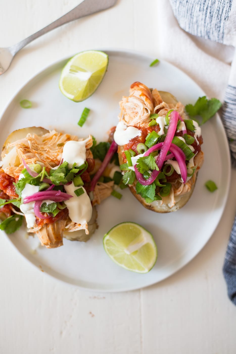 3-Ingredient Instant Pot Salsa Chicken Stuffed Potatoes