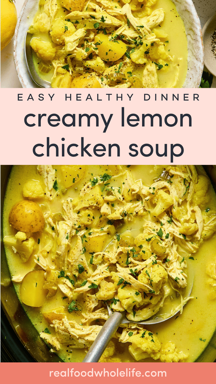 Overhead view of creamy lemon chicken soup with shredded chicken, potatoes, and herbs in a yellow broth, served in a bowl and pot.