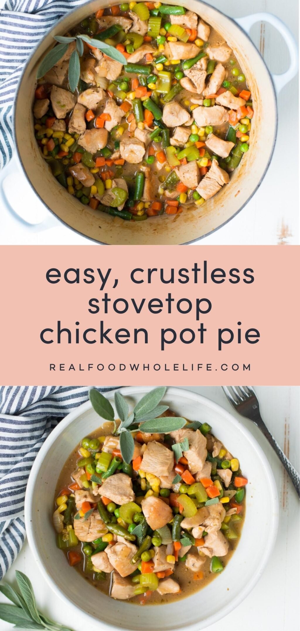 two image collage of quick and easy crustless chicken pot pie with pink background and navy text