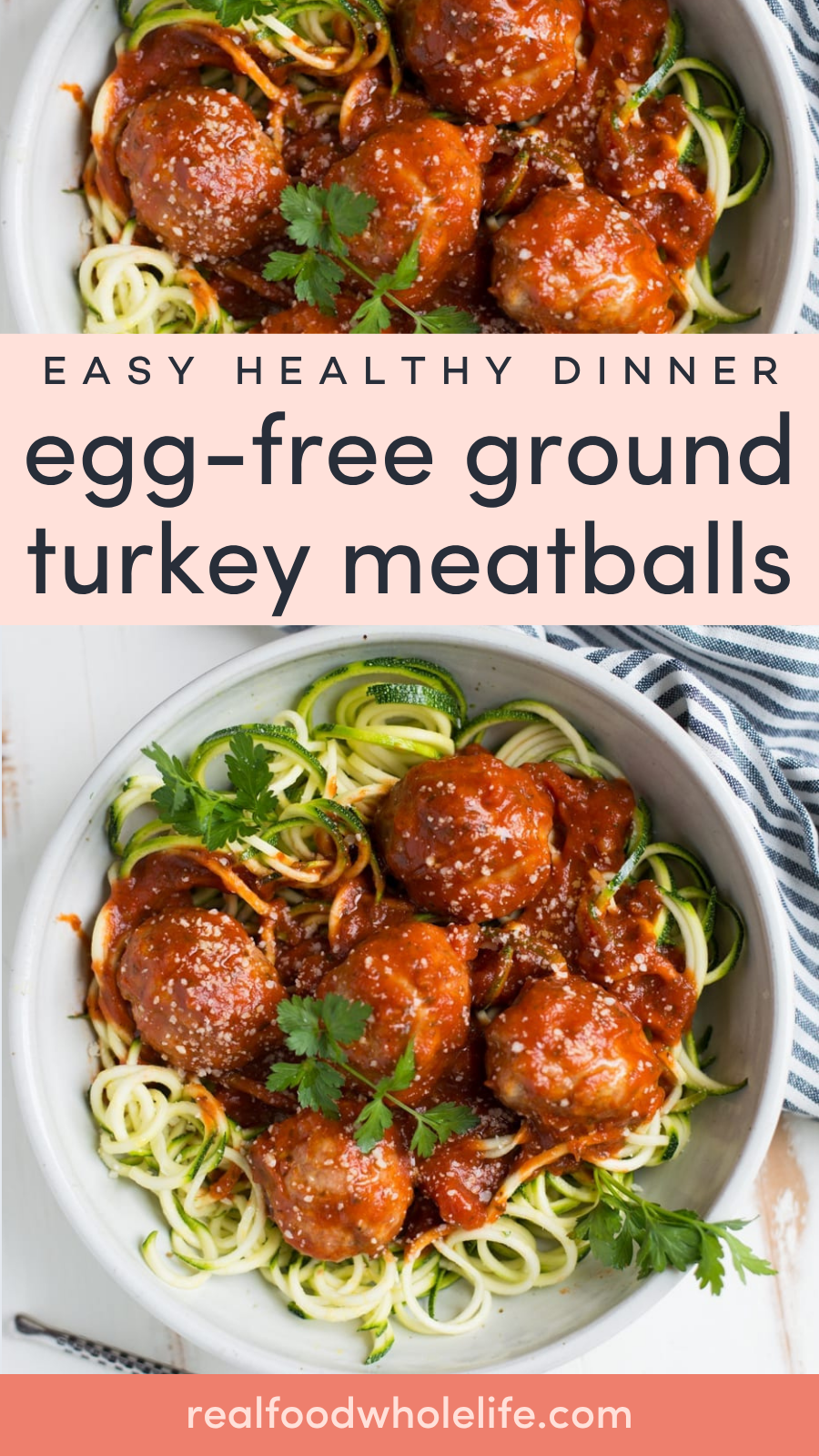 A bowl of egg-free ground turkey meatballs in tomato sauce served over zucchini noodles, garnished with parsley.