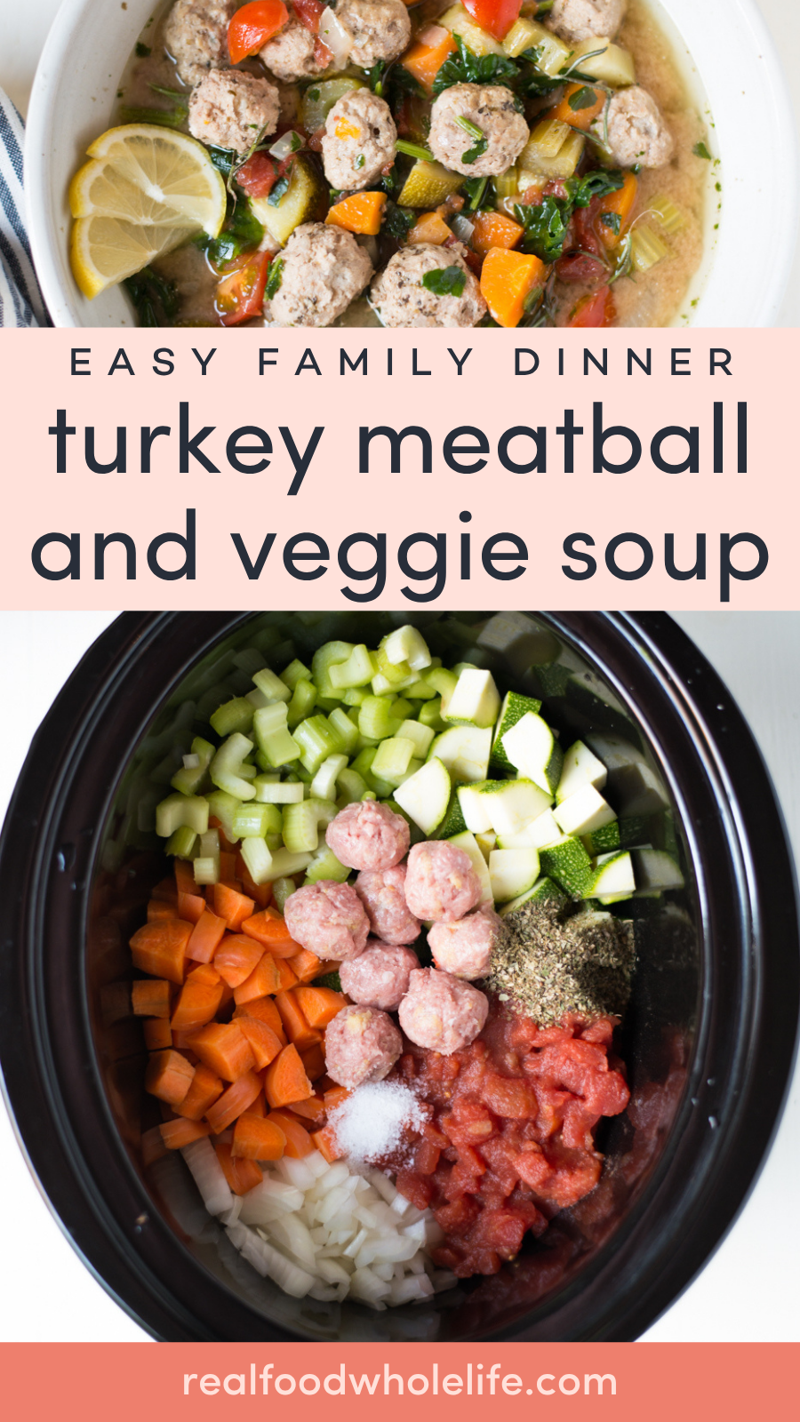 Top photo shows a bowl of turkey meatball and vegetable soup. Bottom photo shows uncooked meatballs, chopped vegetables, and seasonings in a slow cooker.