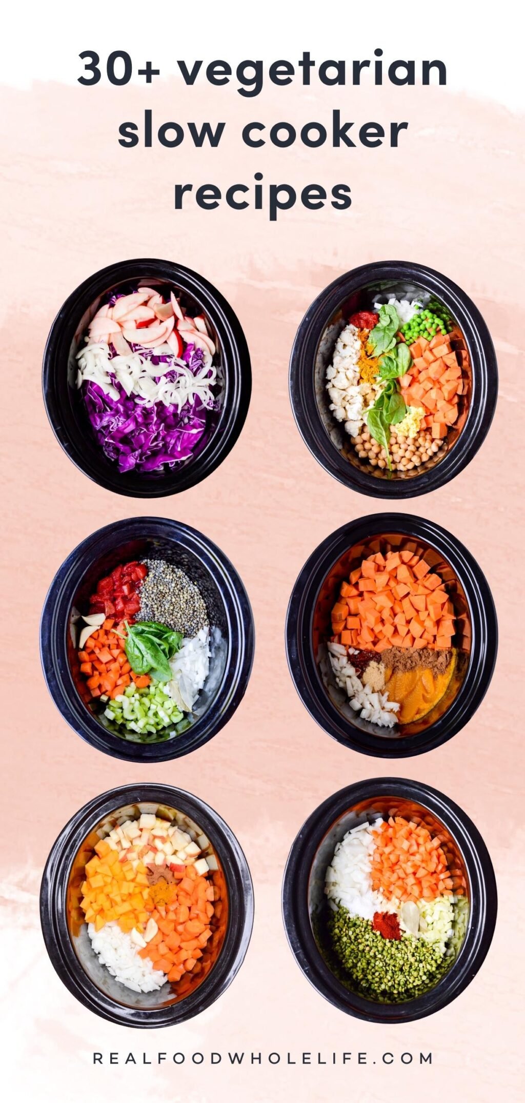Collage of six vegetarian slow cooker recipes on a pink watercolor background with navy text.