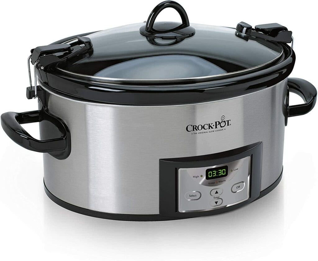 silver slow cooker with glass lid