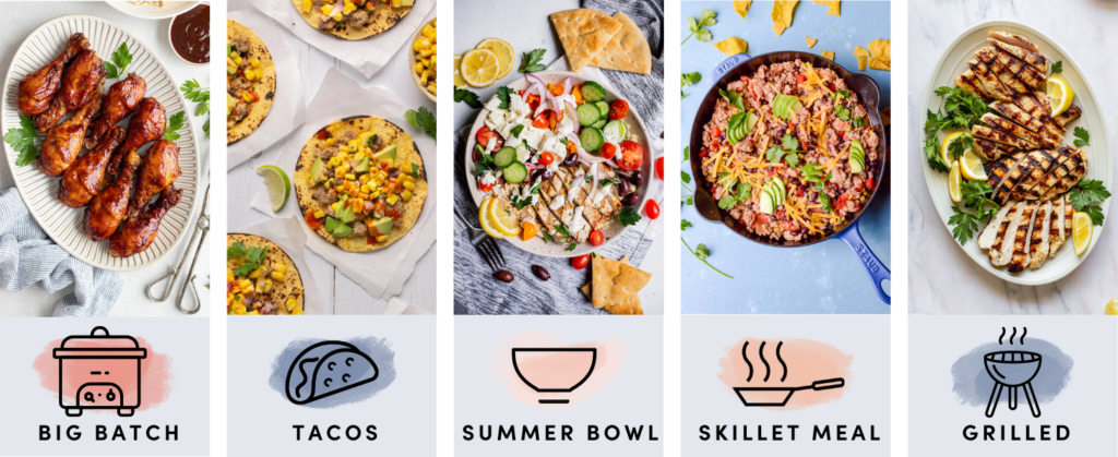 Photos of chicken drumsticks, turkey corn tacos, Greek chicken bowls, turkey taco skillet, and Greek chicken in a row.