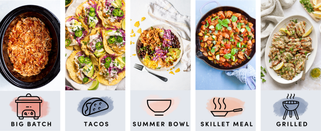 Photos of BBQ shredded chicken, fish tacos, BBQ chicken bowls, chicken zucchini skillet, and lemon herb chicken in a row.