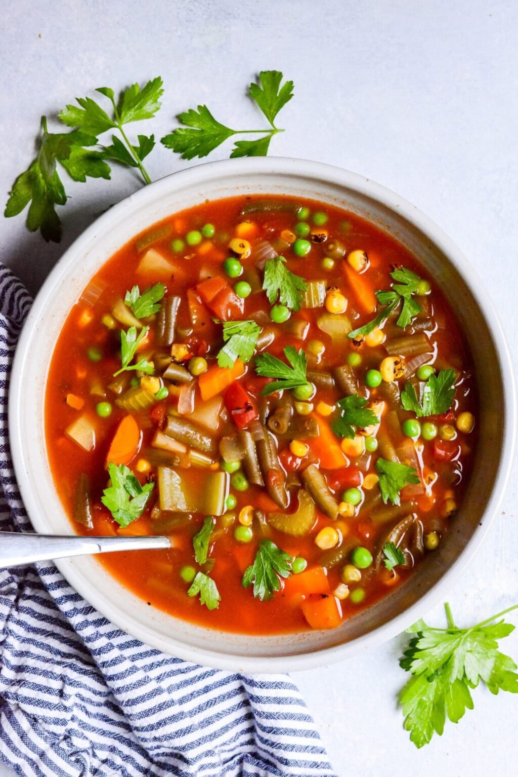 top down view of white bowl of vegetable soup with striped blue napkin