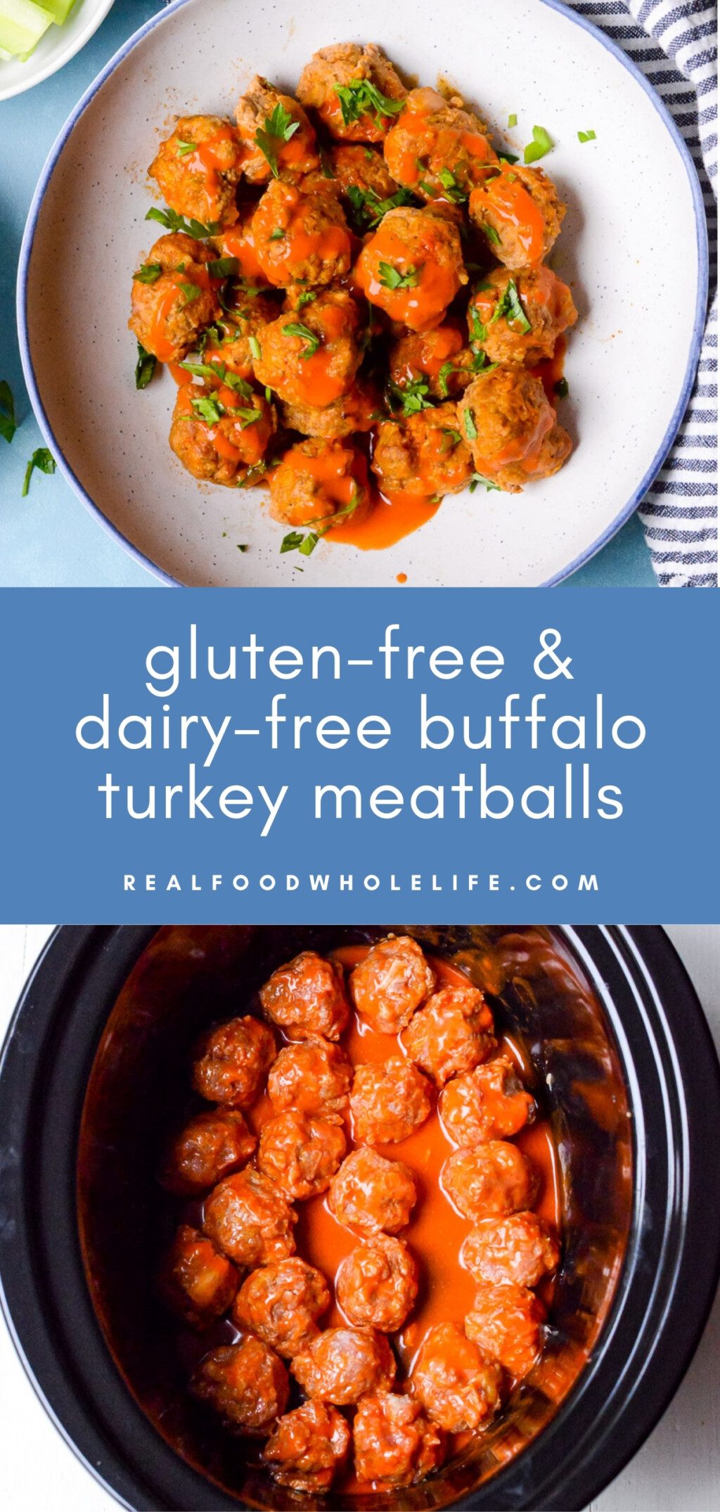 two images of buffalo turkey meatballs with blue background and white text