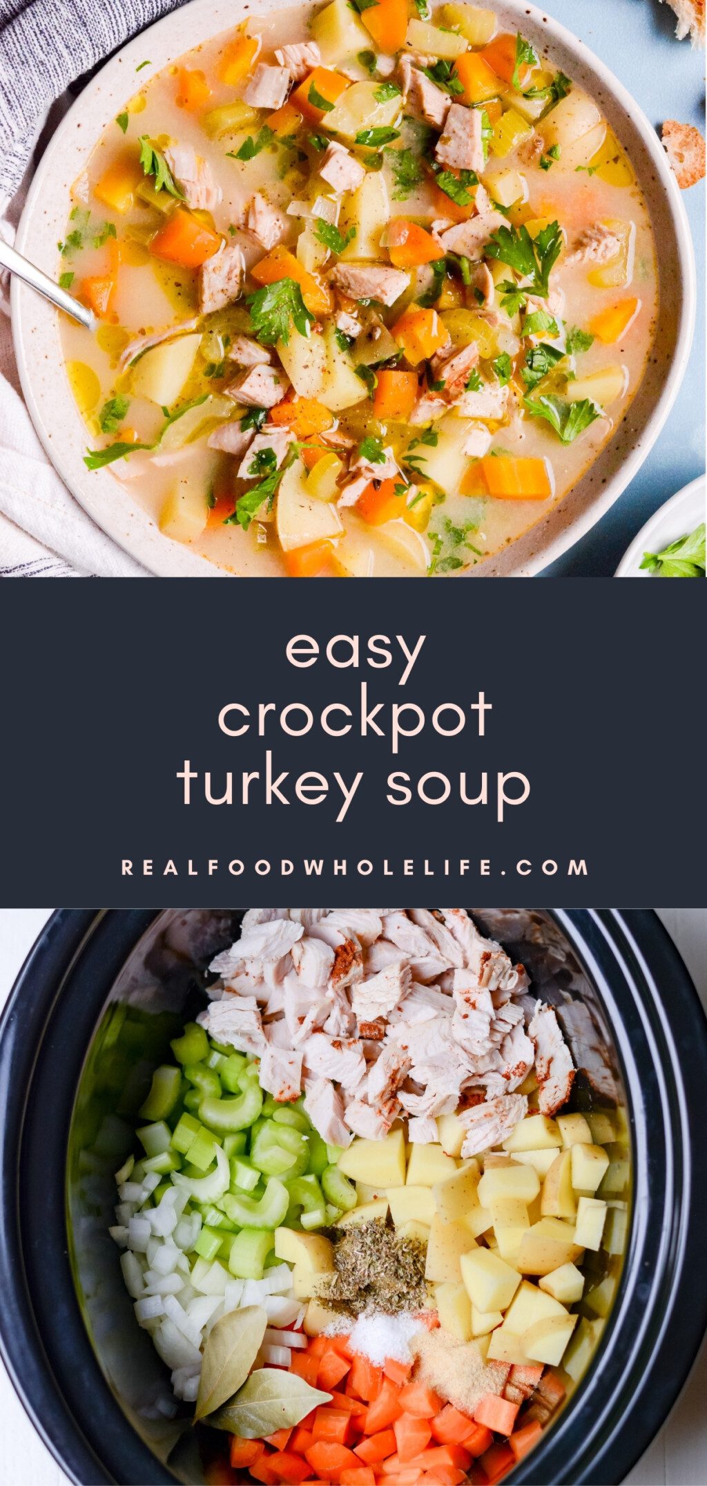 two images of crockpot turkey soup with navy background and pink text