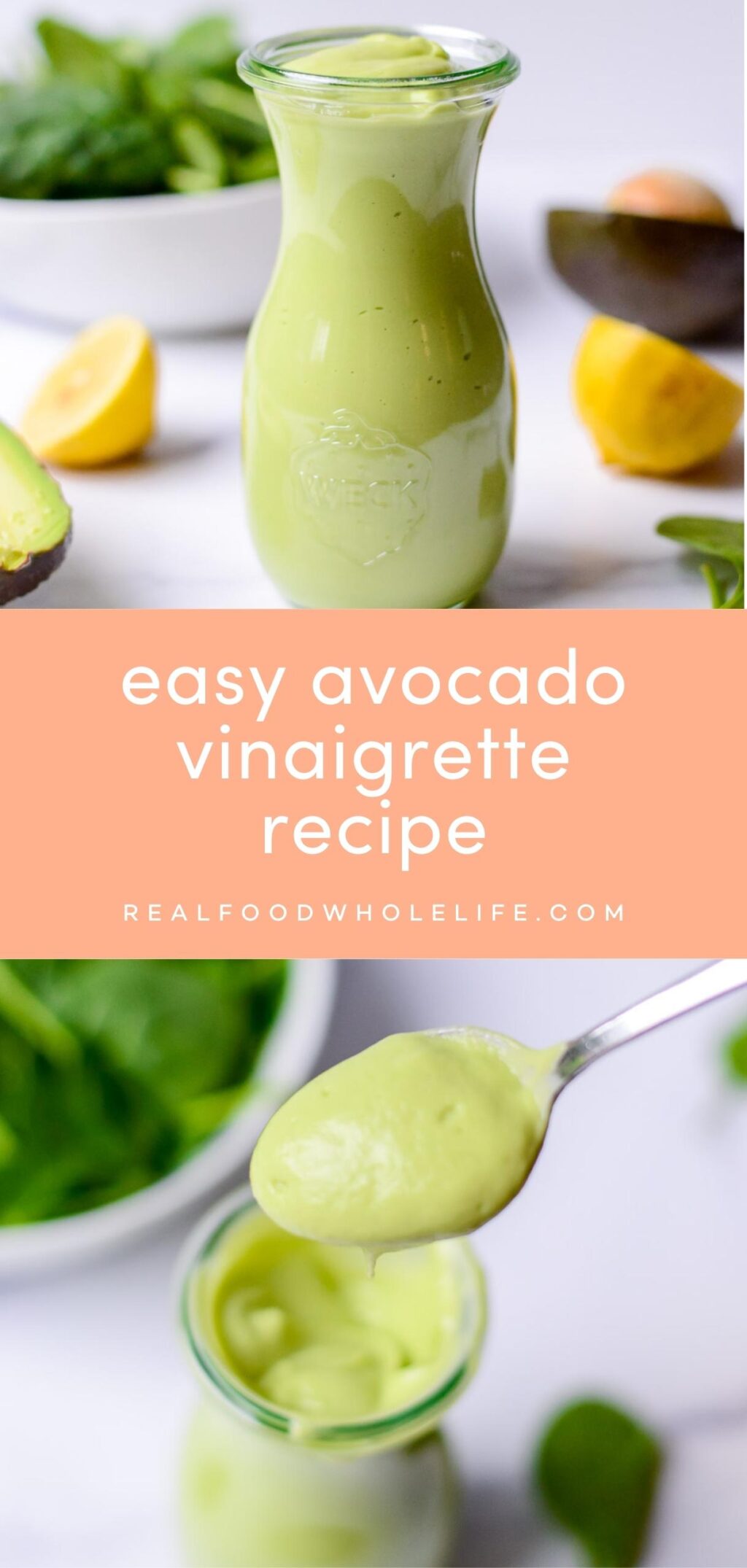 two image collage of avocado vinaigrette dressing recipe with orange background and white text