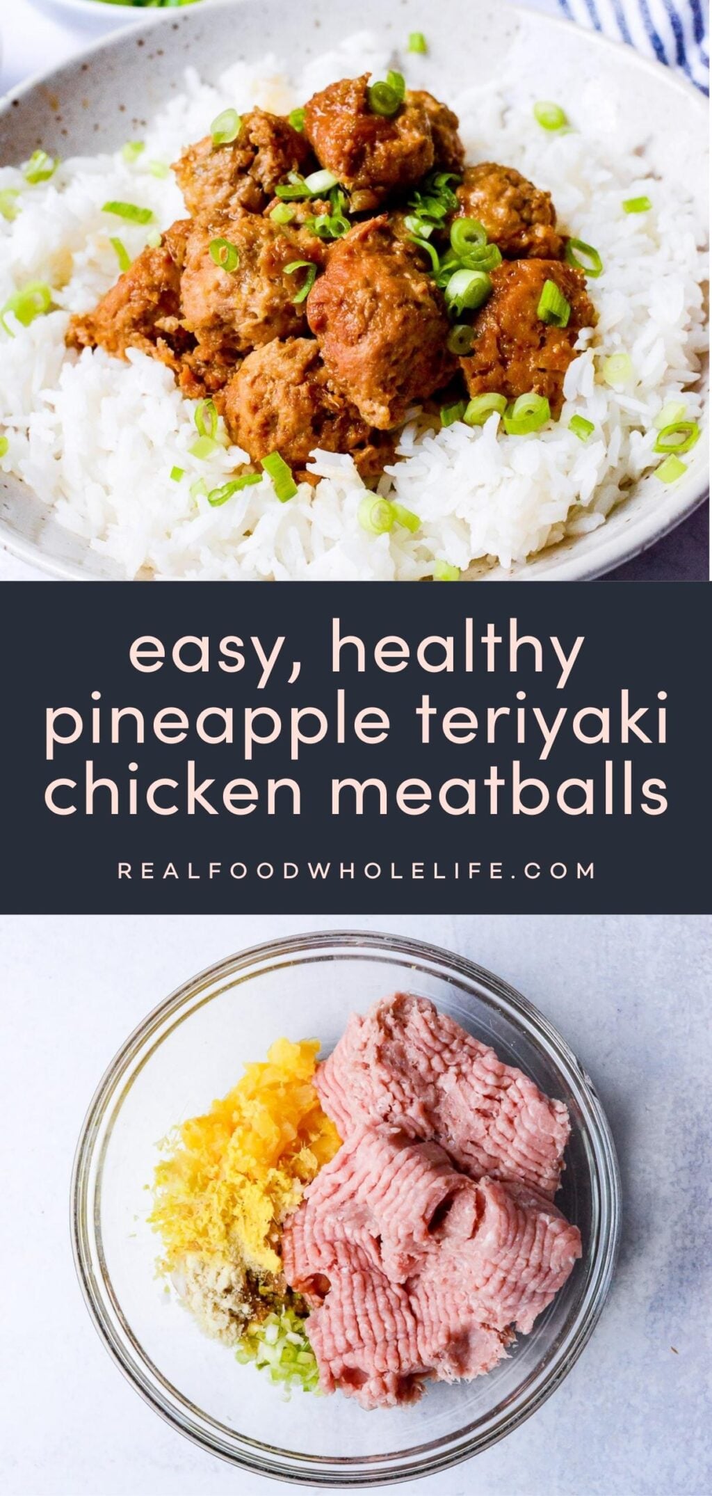 collage of two images of pineapple teriyaki meatballs with navy background and pink text