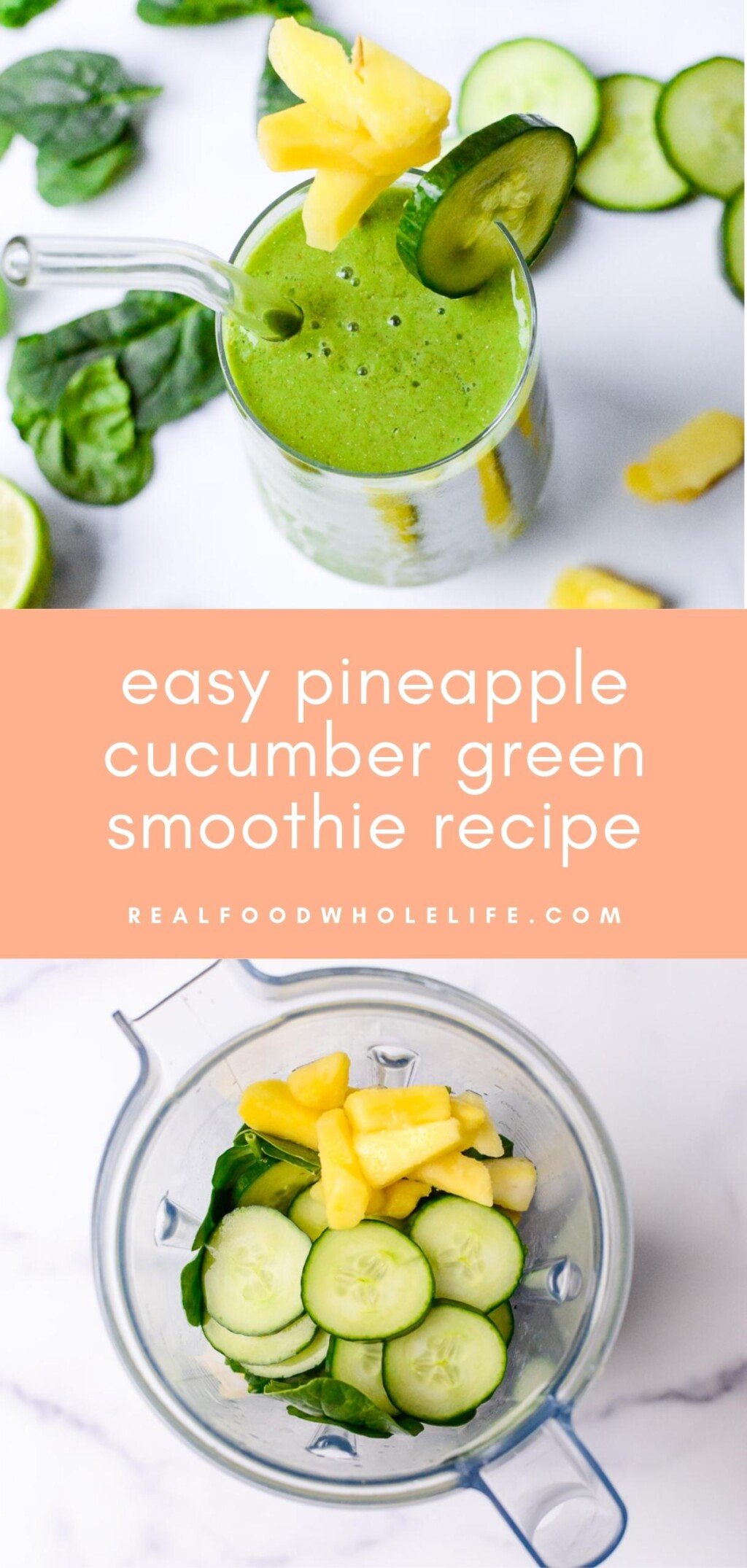 collage of two images of pineapple cucumber smoothie with orange background and white text