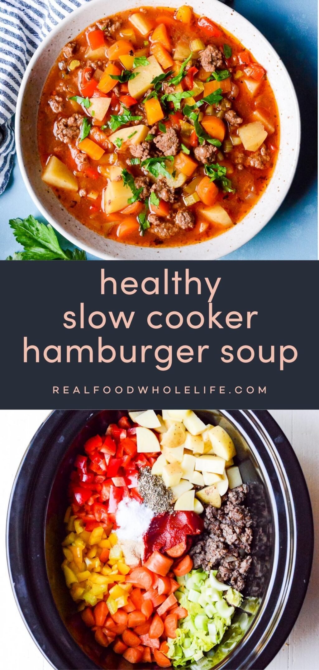collage of two images of slow cooker hamburger soup with navy background and pink text