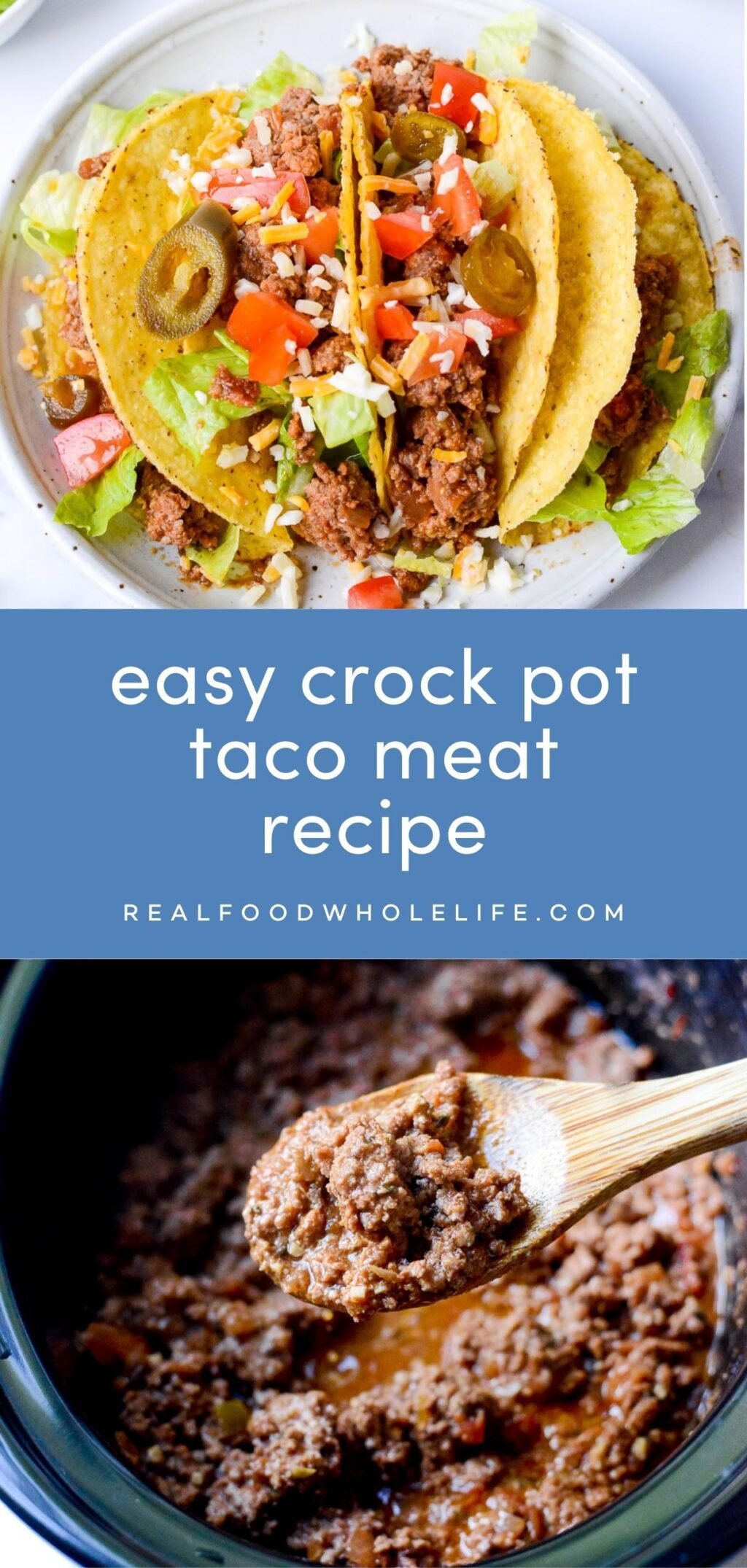 two image collage of crock pot taco meat with blue background and white text