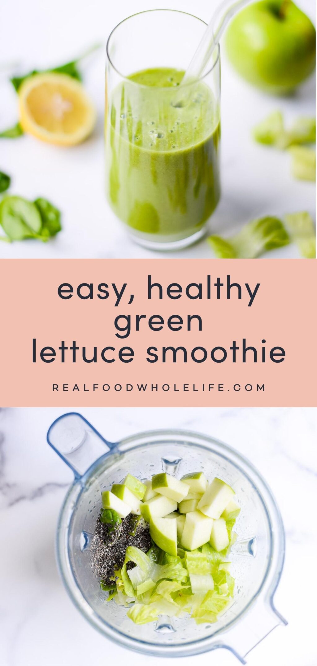 two image collage showing a lettuce smoothie with pink background and navy text