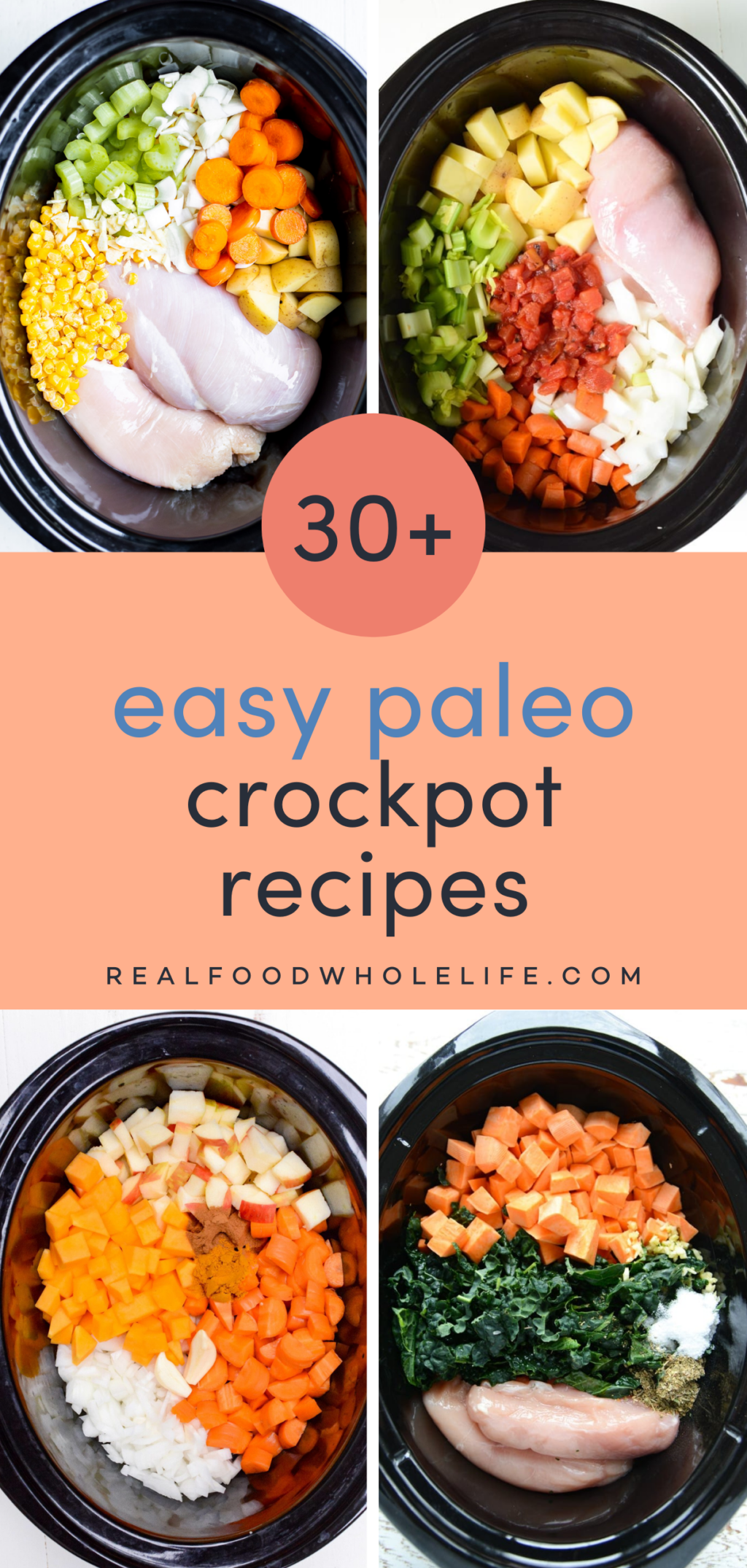 A four image collage with the text "30+ easy paleo crockpot recipes" on a peach background.