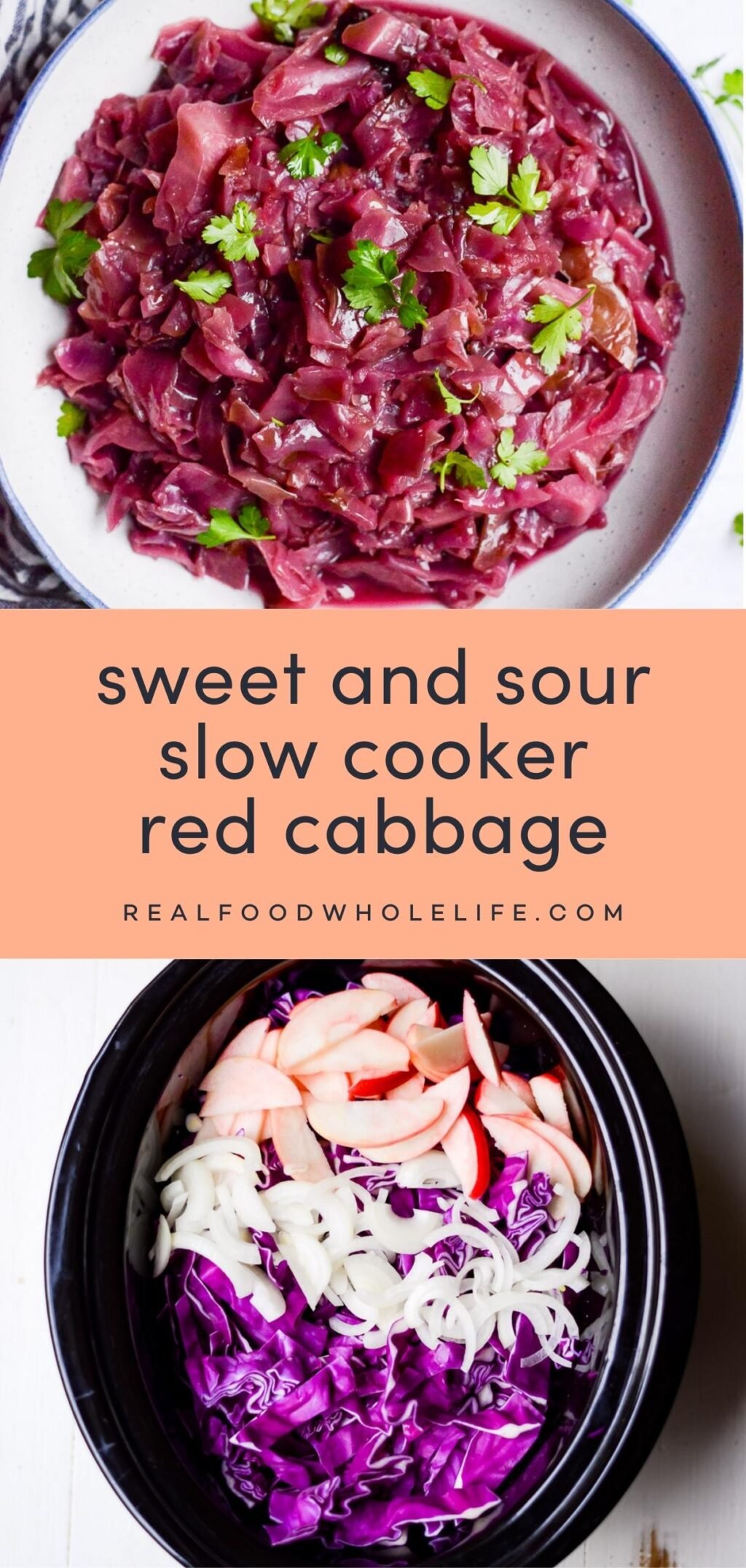 two image collage of slow cooker red cabbage with an orange background and navy text