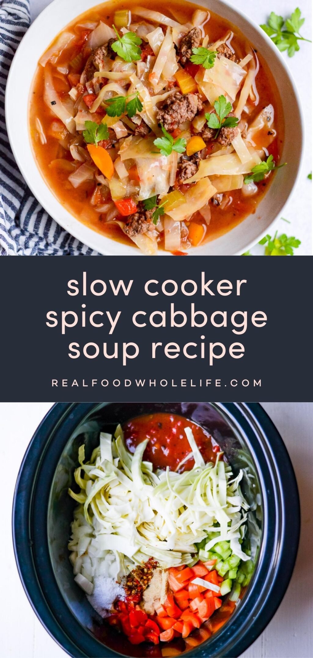 two image collage of spicy cabbage soup with a navy blue background and light pink text