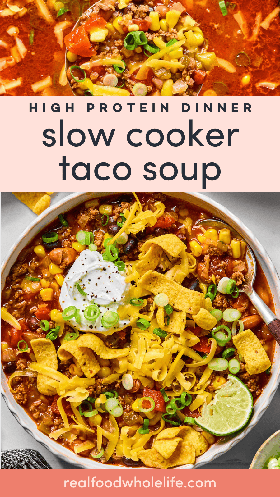 A bowl of slow cooker taco soup topped with shredded cheese, sour cream, green onions, corn chips, and a lime wedge.