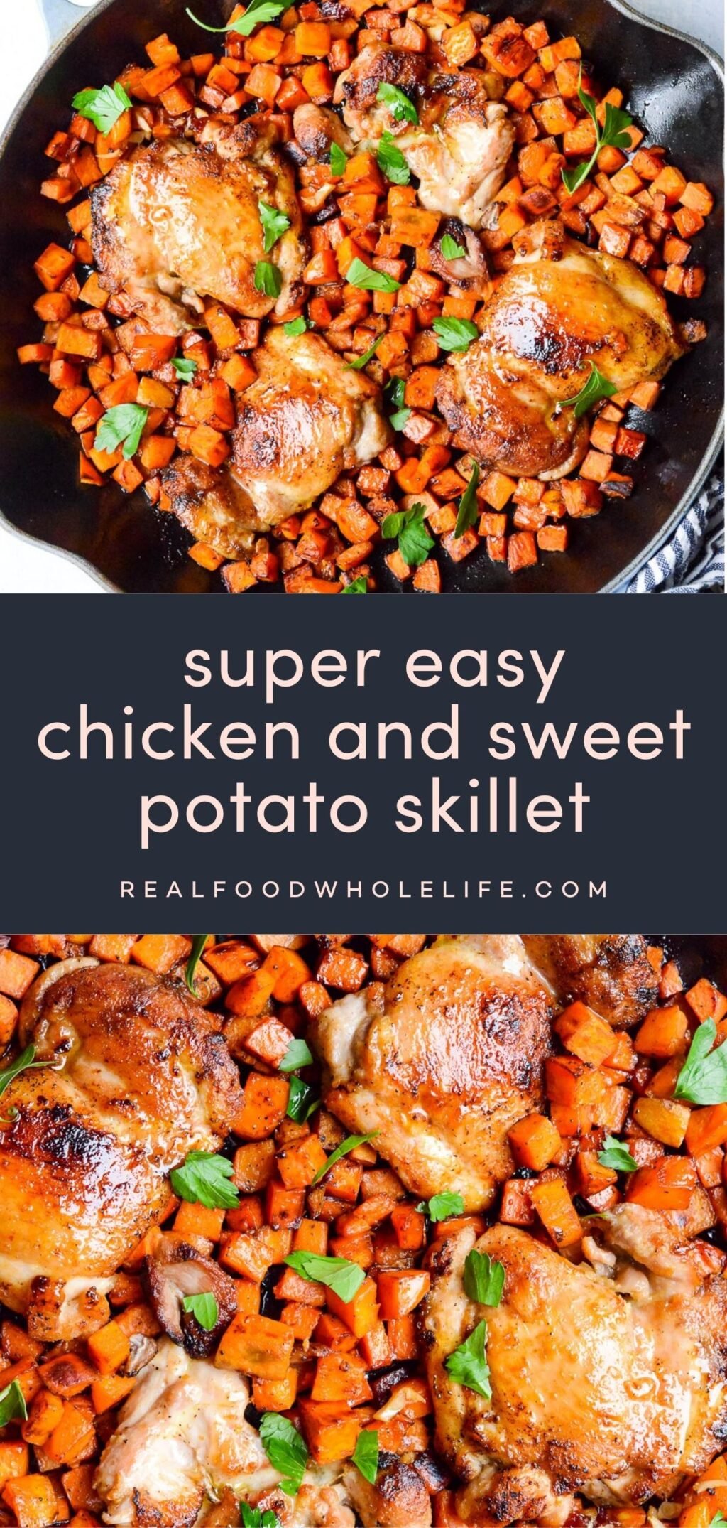 two image collage of skillet chicken and sweet potatoes with navy background and pink text