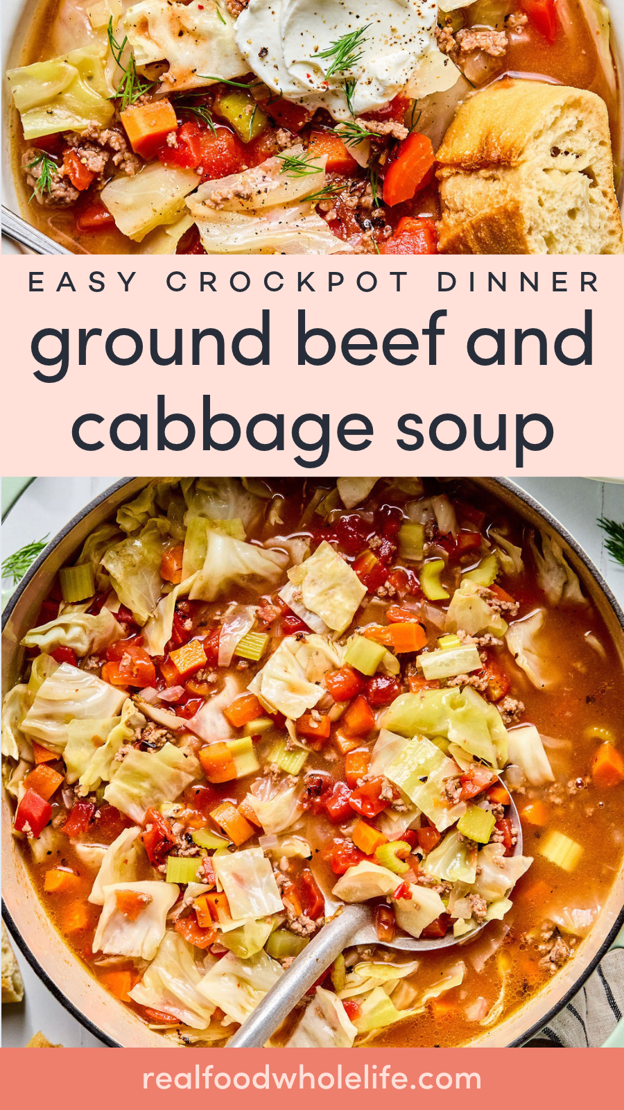 Ground beef and cabbage soup in a pot and a serving bowl.