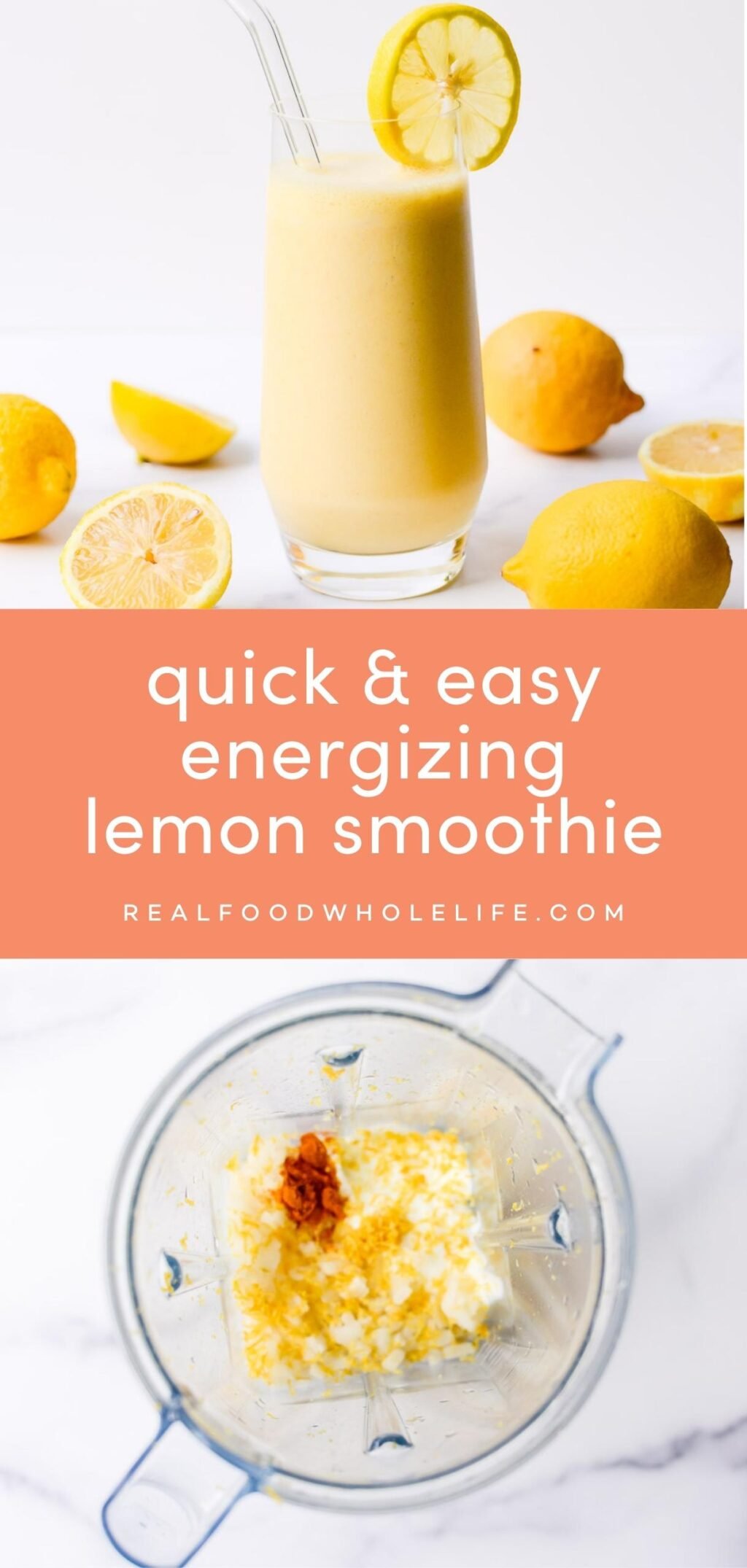 two image collage of lemon smoothie with orange background and white text