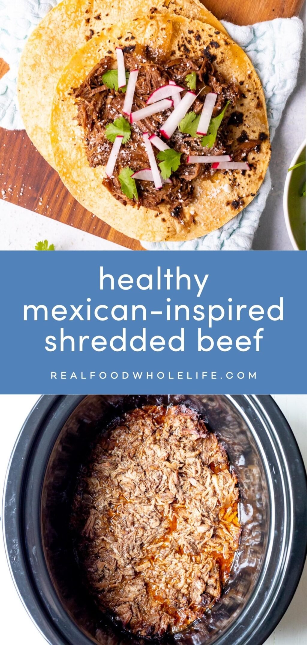 two image collage of Mexican inspired shredded beef with blue background and white text