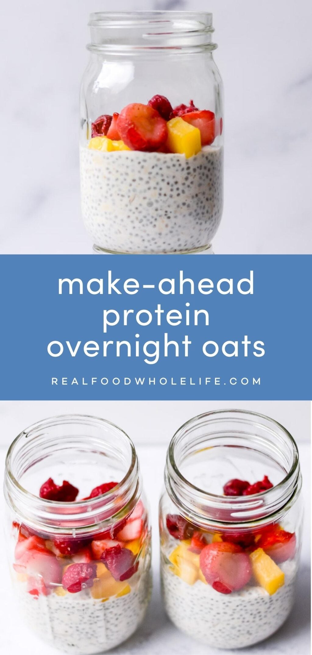 two image collage of protein overnight oats jars with blue background and white text