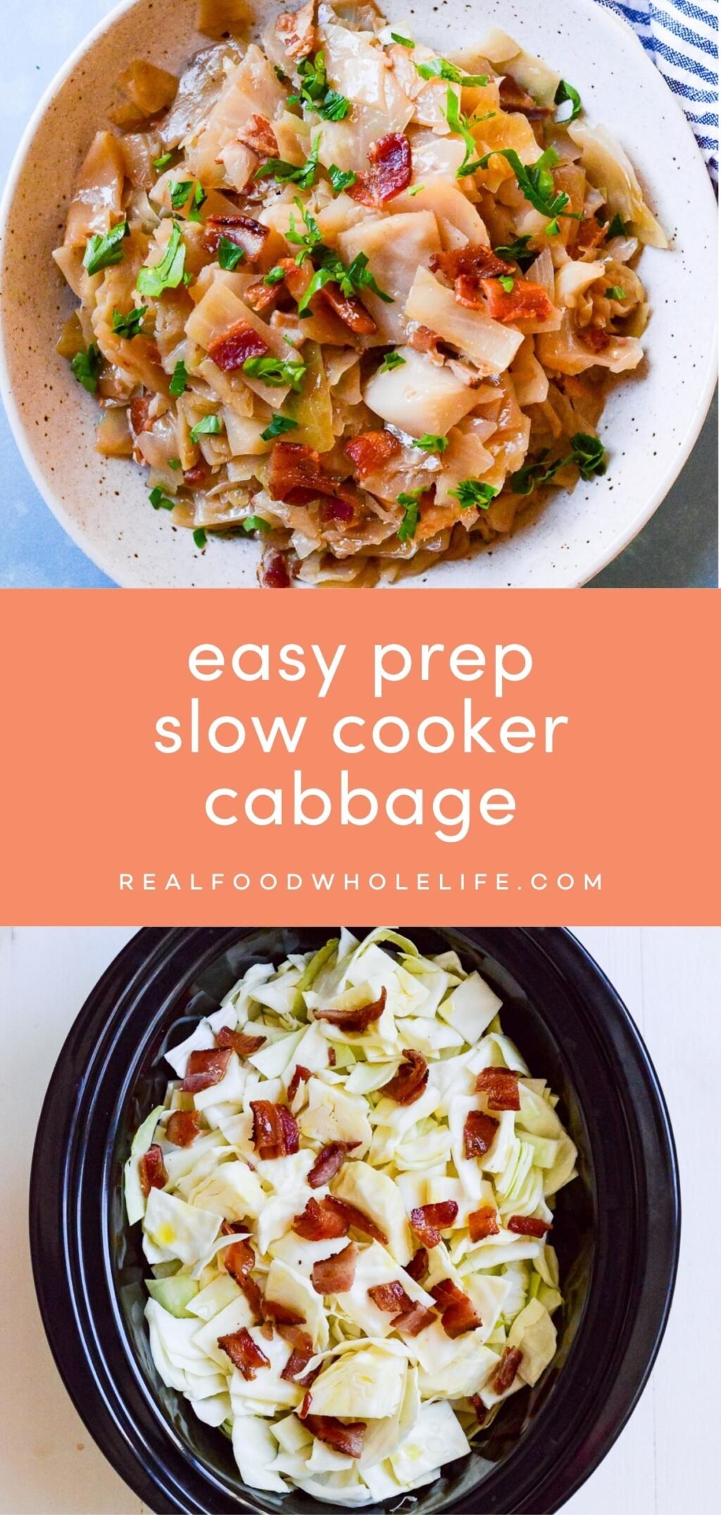 two image collage of slow cooker cabbage with orange background and white text