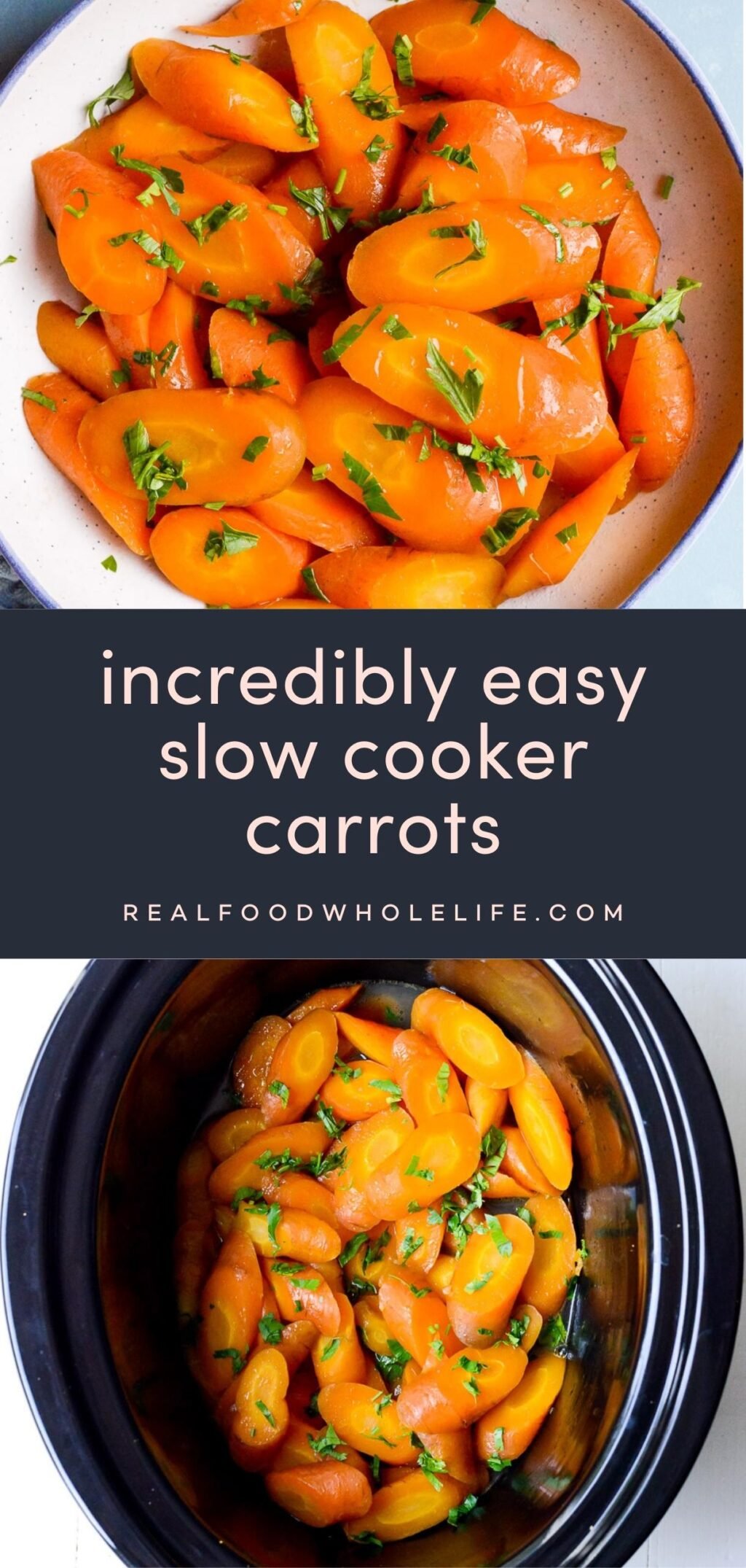 two image collage of slow cooker carrots with a navy background and pink text