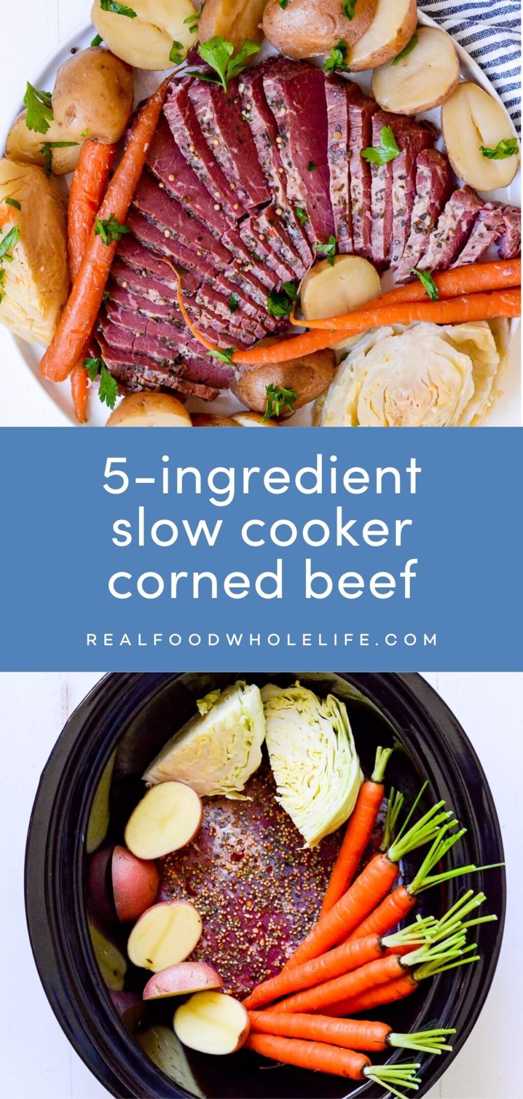 two image collage of slow cooker corned beef with blue background and white text
