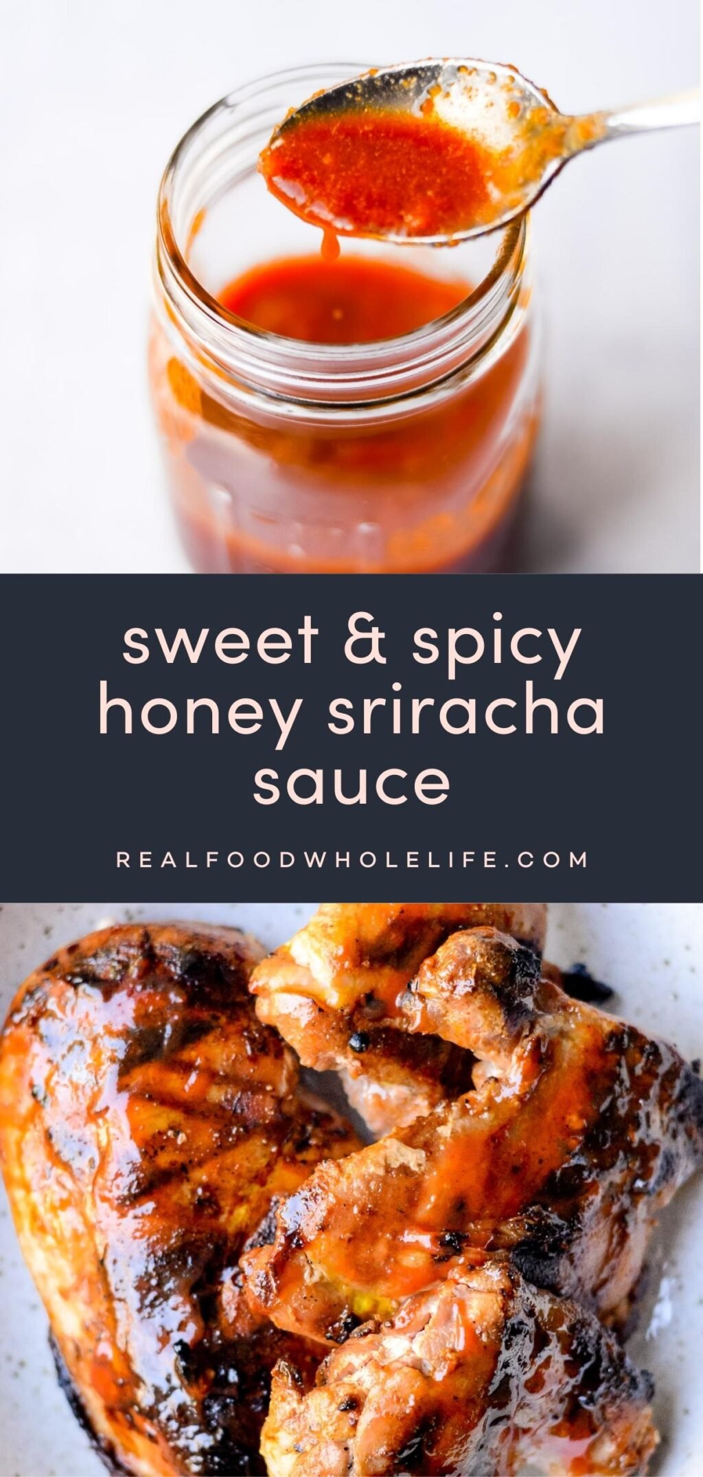 two image collage of honey sriracha sauce with navy background and pink text