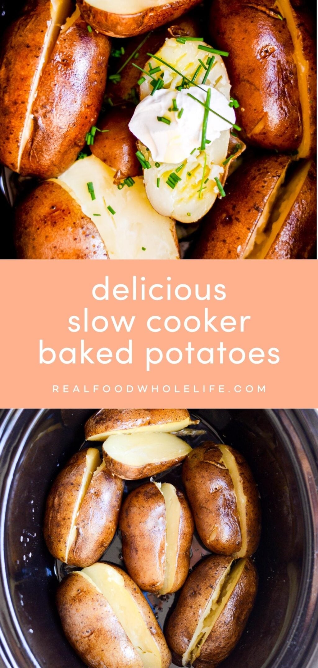 two image collage of slow cooker baked potatoes with orange background and white text