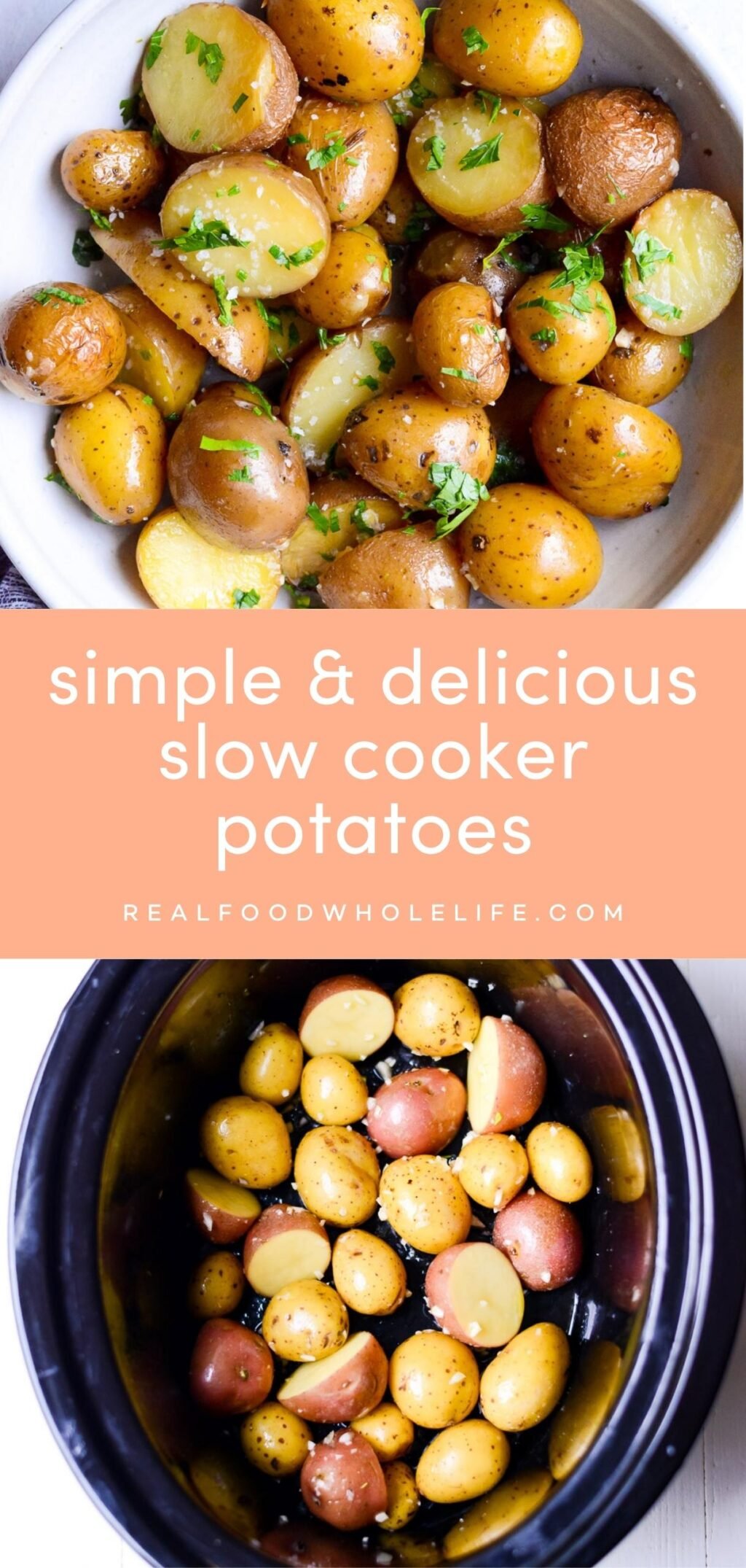 two image collage of slow cooker potatoes with an orange background and white text
