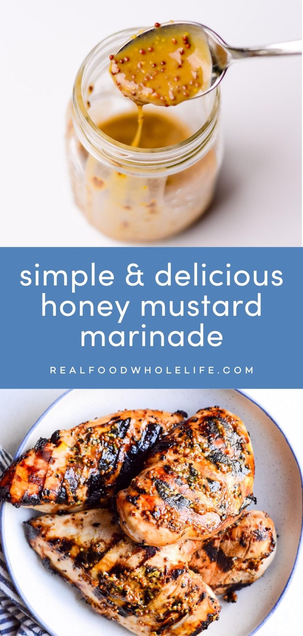 two image collage of honey mustard marinade with blue background and white text