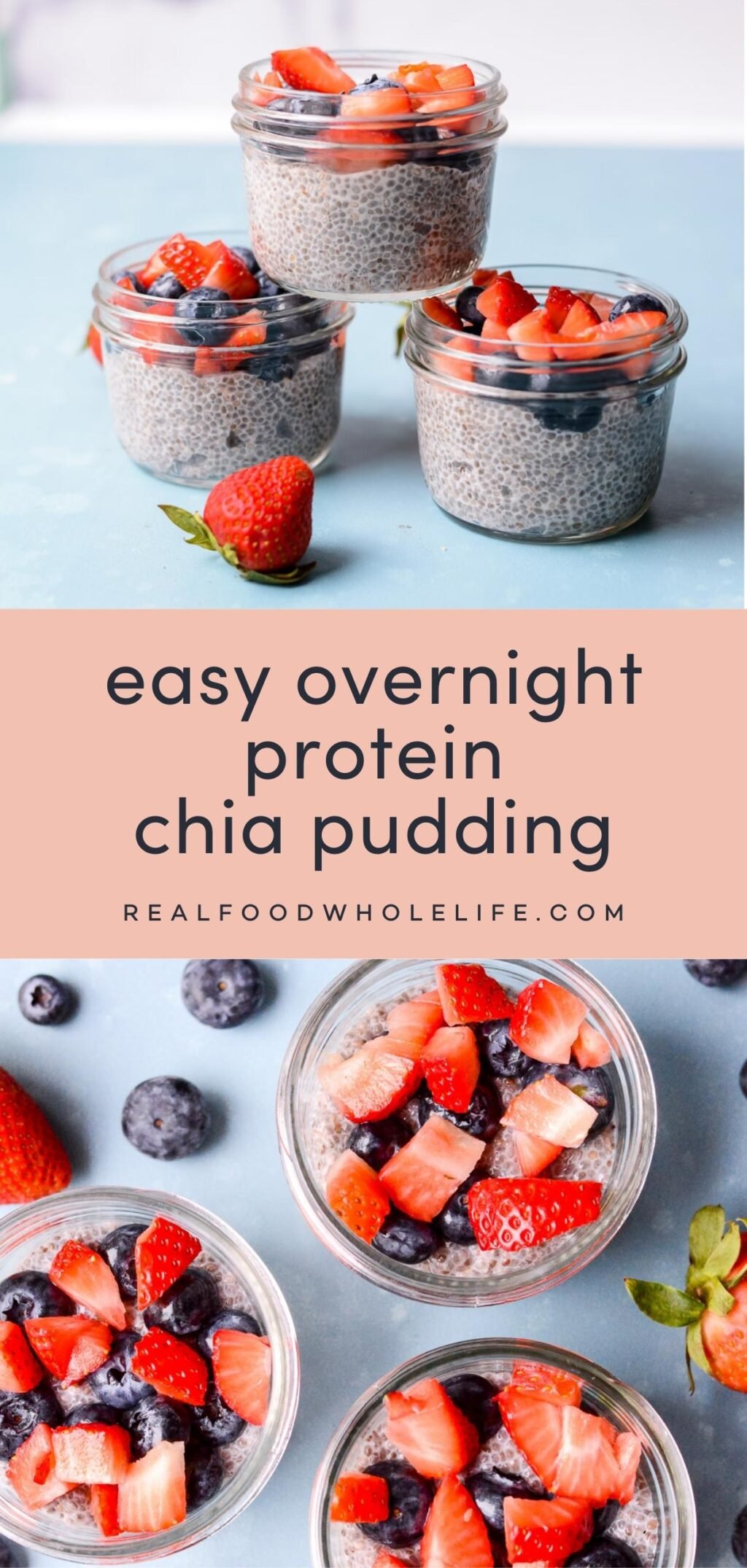 two image collage of protein chia pudding with pink background and navy text